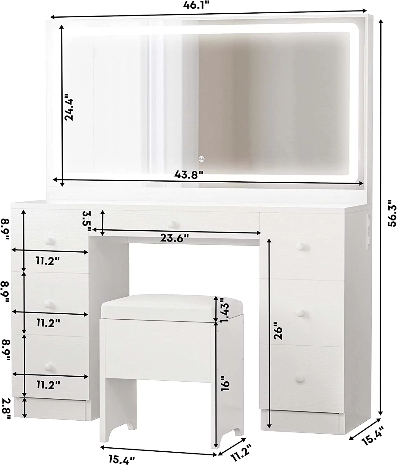 IRONCK Vanity Desk Set with LED Lighted Mirror & Power Outlet, 7 Drawers Makeup Vanities Dressing Table with Stool, for Bedroom, White