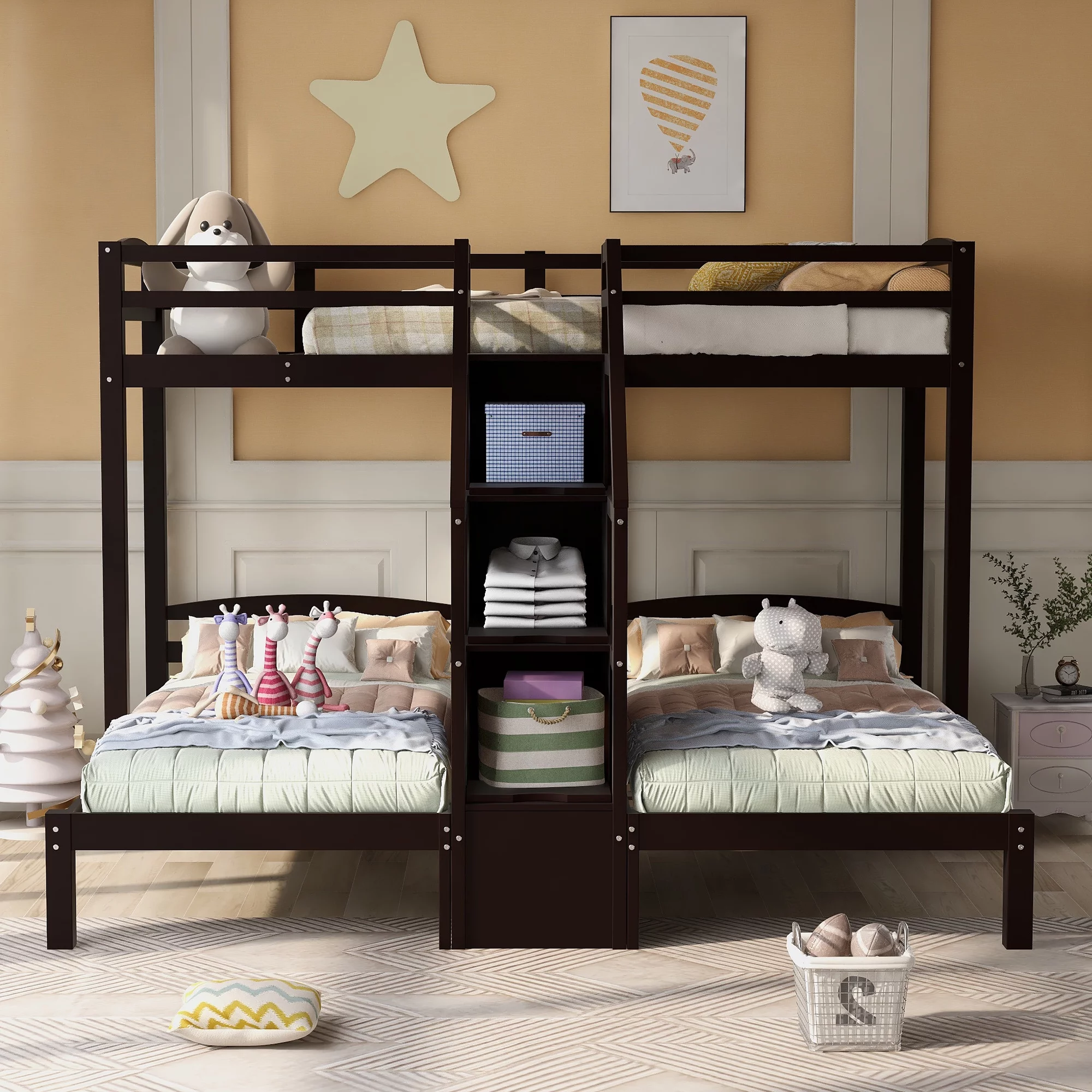 EUROCO Twin over Twin & Twin Bunk Bed with Staircase and Drawers for Kids Bedroom, 3-in-1 Bunk for More Kids, Storage Staircase, Espresso