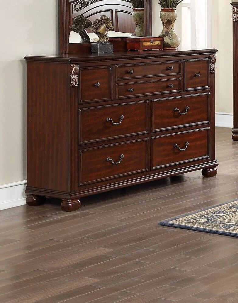 Royal Gorgeous Traditional Queen Bed Dresser Mirror Chest Wooden Brown Finish 4pc Set Bedroom Furniture
