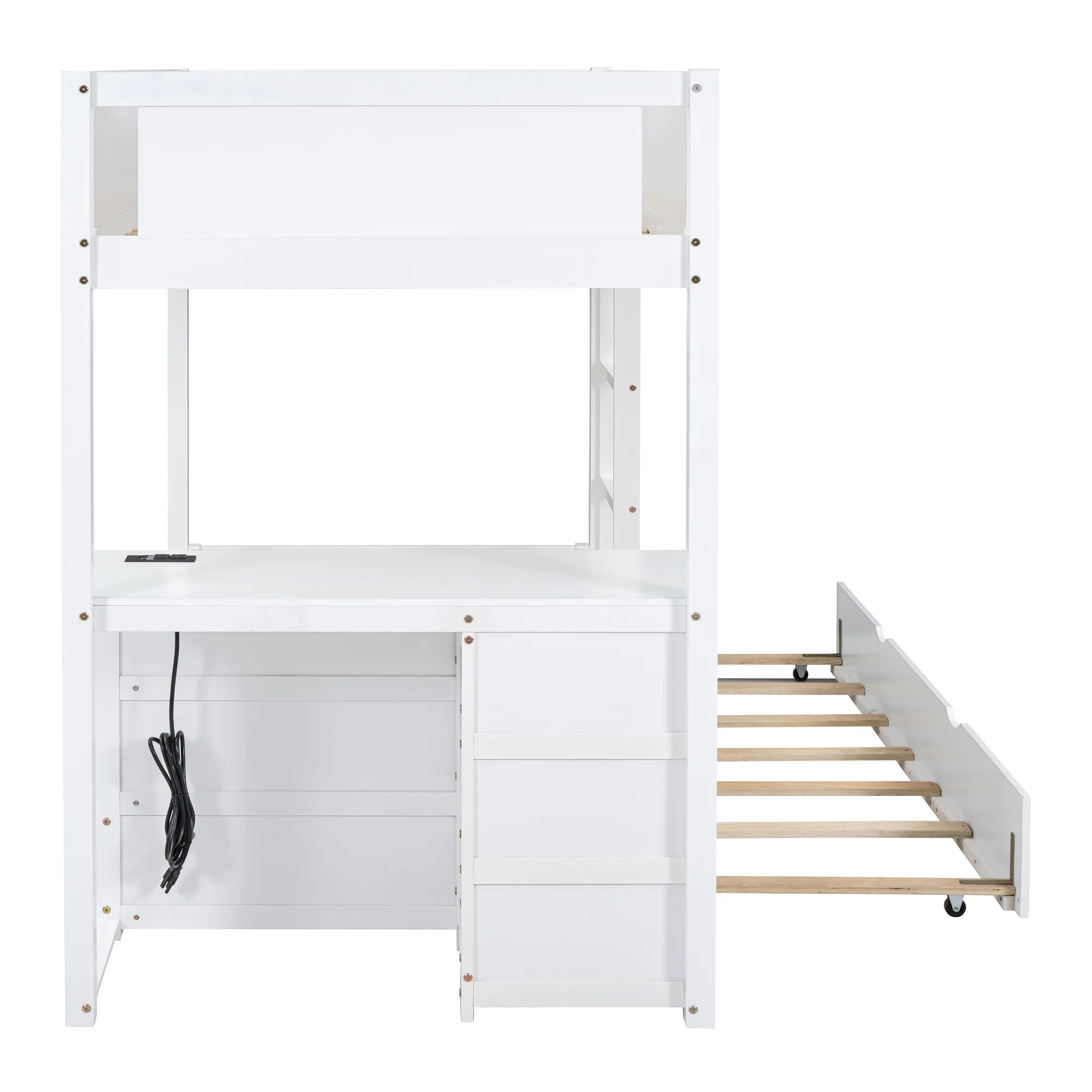 Euroco Twin over Twin Bunk Bed with Desk and Trundle, USB Charging Staion and 3 Drawers for Kids Teens Adults, White