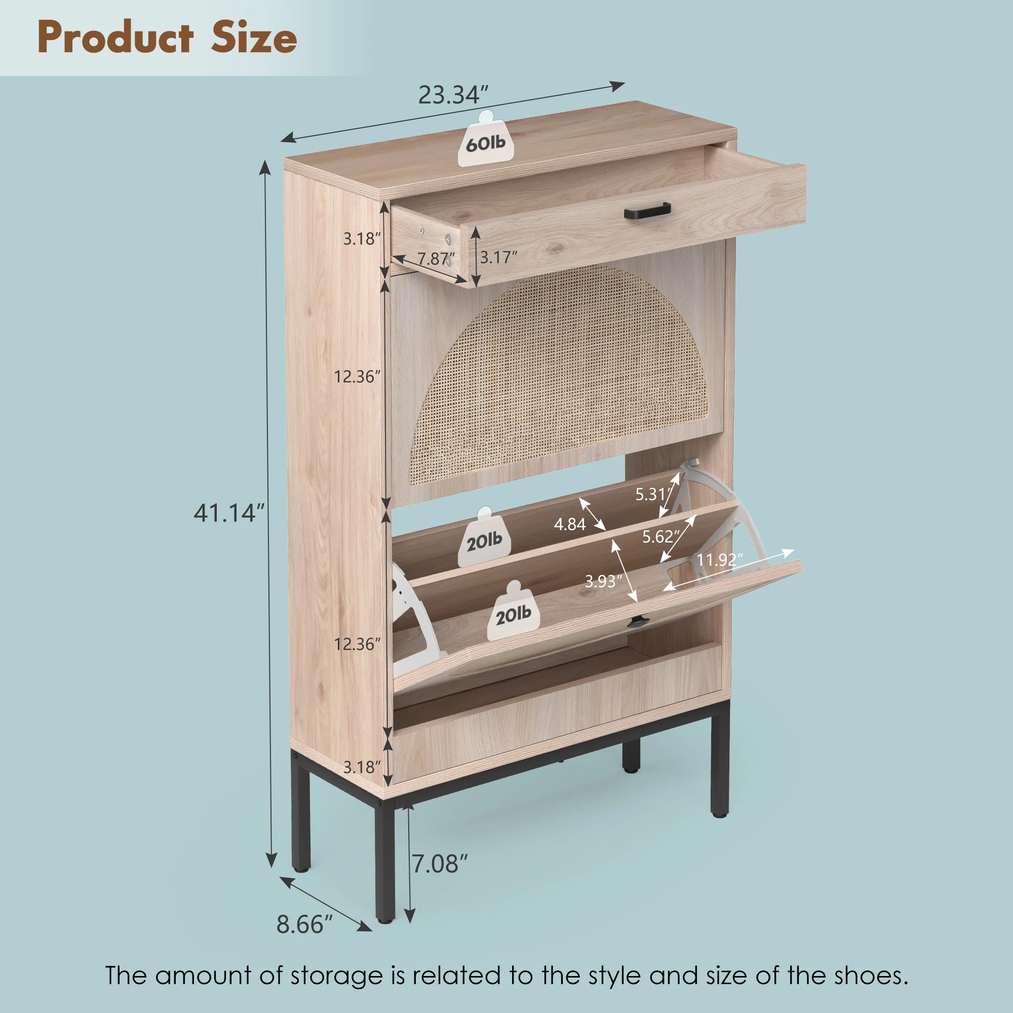 Brafab Shoe Storage Cabinet with 2 Flip Drawers and Open Shelf Natural Rattan Slim Shoe Organizer Rack Wooden Tipping Shoe Dresser Narrow Entrance Shoes Console with Metal Legs for Entryway, Hallway