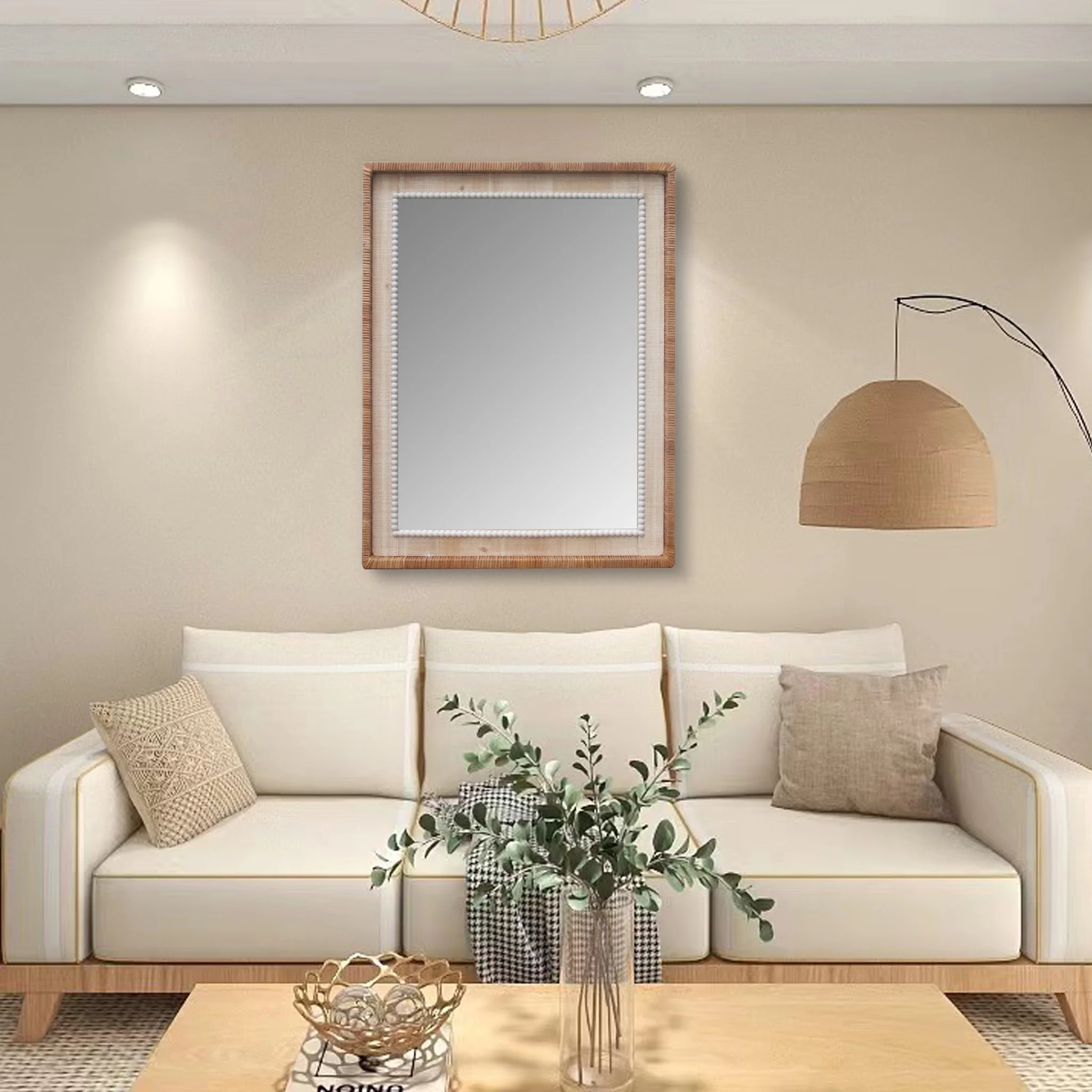 Parisloft Rectangular Bead Accent Rattan and Wood Wall Mirror, Farmhouse Wall Mirror, Brown and White, 25.8 x 33.75 inches