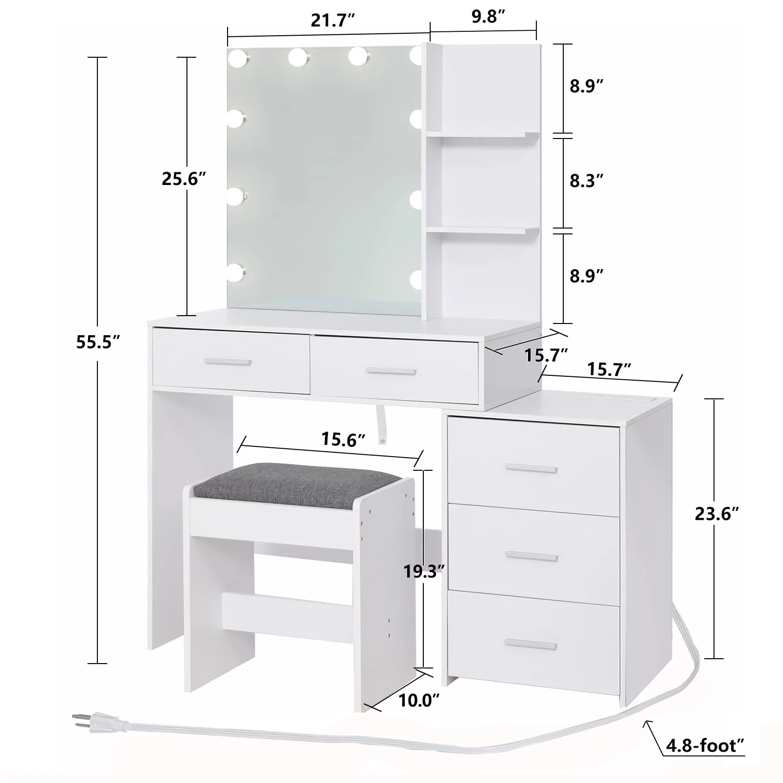 USIKEY Large Vanity Set with 10 LED Lights and Charging Station, Makeup Vanity Dressing Table with USB Ports and Outlets, Vanity Table Set with 5 Drawers and Cushioned Stool, White YSZT030WN