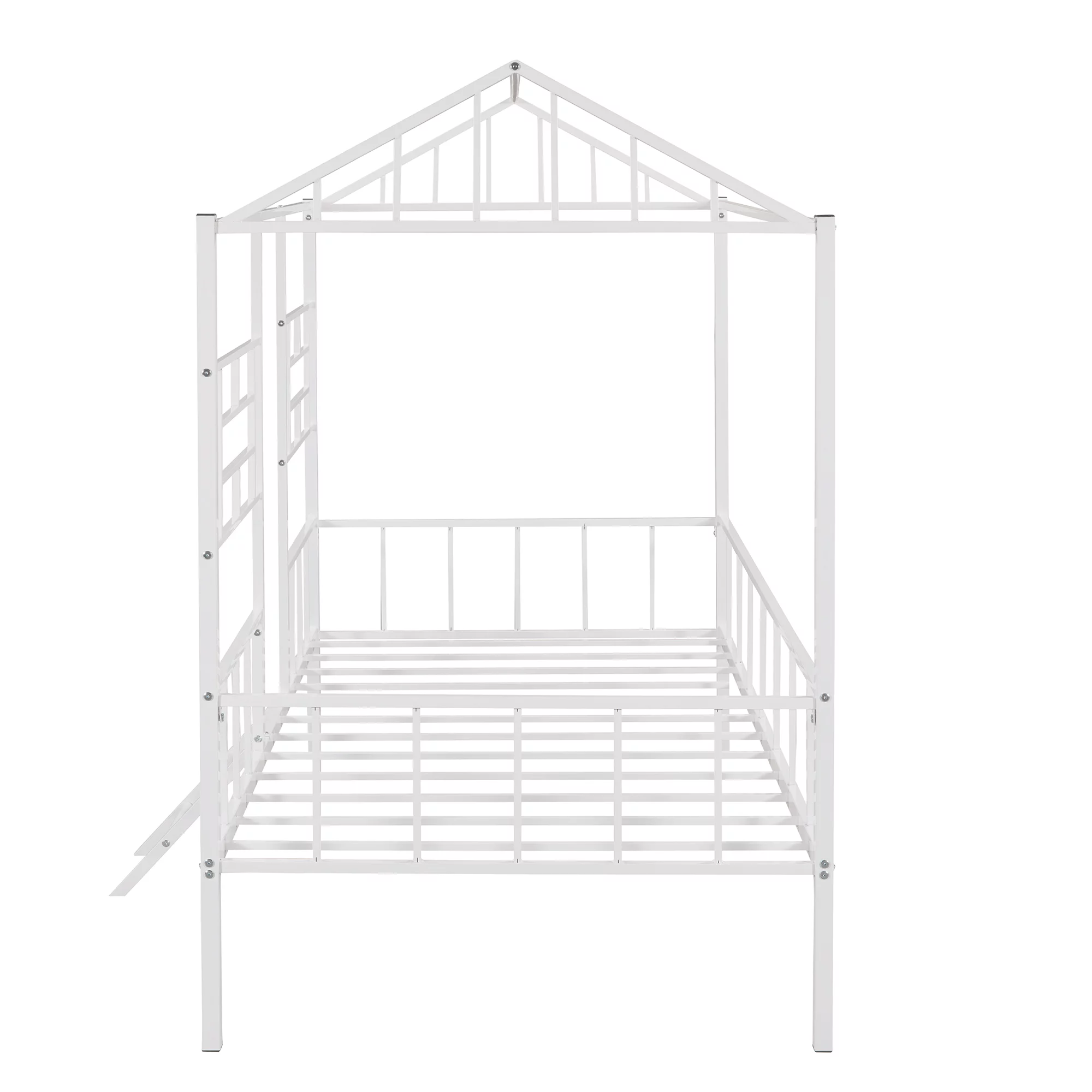 Bellemave Twin House Bed with Rails, Metal Cabin Bed Frame with Ladder, Playhouse Bed for Toddler Kids Boys Girl Teens (Twin Size, White)