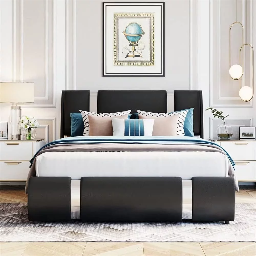 AngLink Full Size Upholstered Faux Leather Platform Bed with Hydraulic Storage System, Lift Up Storage Bed Frame with Headboard, No Box Spring Needed, for Teens Adults, Black
