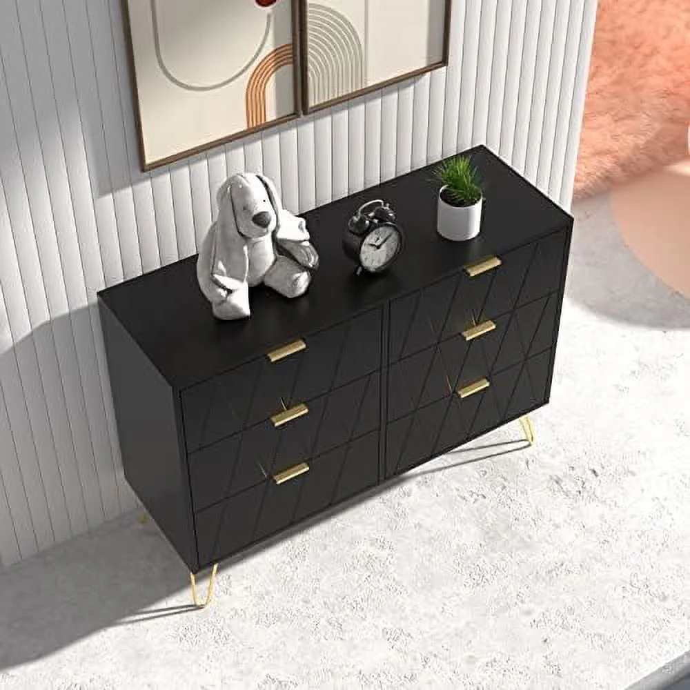 Black 6 Drawer Dresser for Bedroom  Large Double Dresser with Wide Drawers and Gold Handles   Chest of Drawers