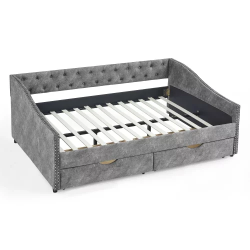 Motent Full Size Daybed with Drawers Upholstered Tufted Sofa Bed, with Button on Back and Copper Nail on Waved Shape Arms,Grey(80.5”x55.5”x27.5”)