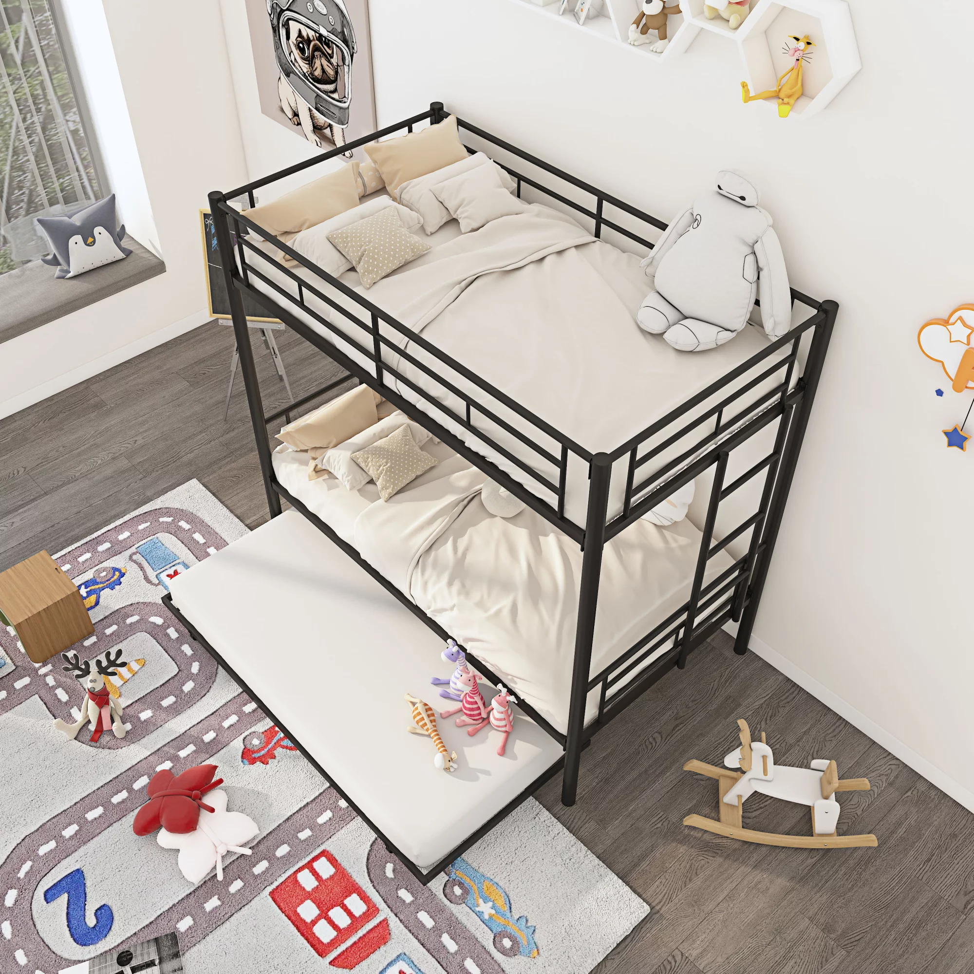 Heavy Duty Metal Bunk Bed Frame with Trundle - Twin Over Twin, Convertible - 3 beds