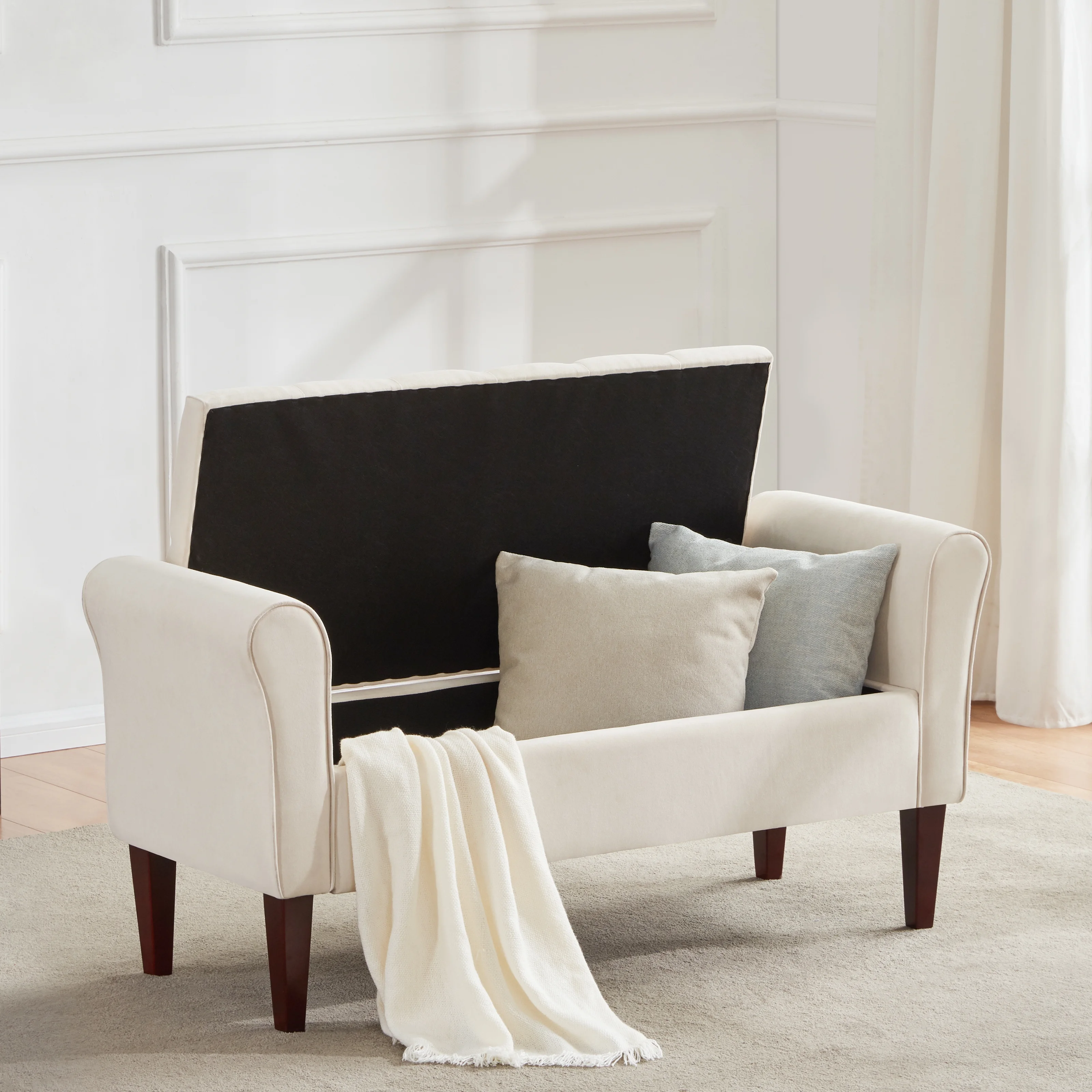 HUIMO Arm Storage Ottoman, Upholstered Window Sitting Bench for Bedroom,End of Bed Bench Indoor, Livingroom, Entryway (Beige)