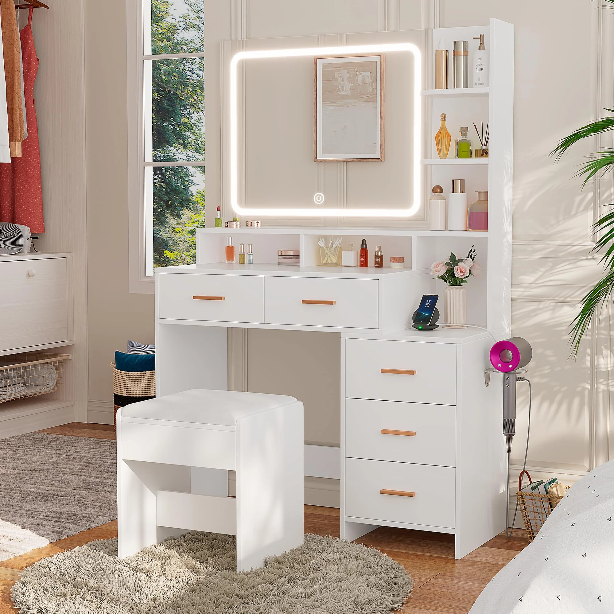 Vanity Desk with LED Lighted Mirror & Charging Station,Modern Vanity Makeup Table with 5 Drawers & Storage Shelves & Chair,3 Color Lighting Modes with Adjustable Brightness, for Bedroom (White)