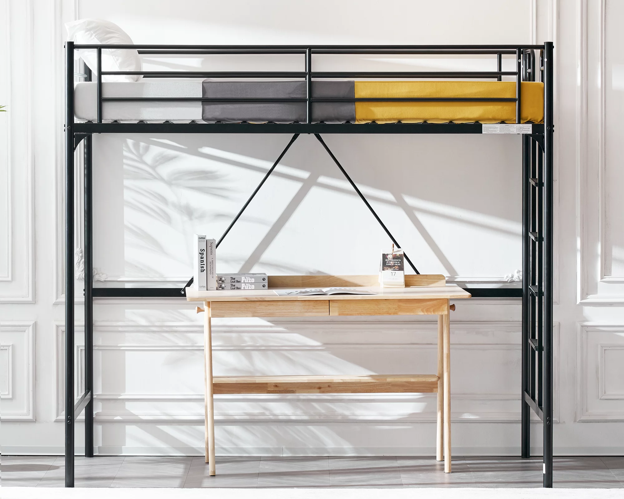 VINGLI Metal Loft Bed with Stairs and Flat Rung, Junior Loft Bed Twin Size High Loft Bed for Kids/Teens/Adults, No Box Spring Required, Black