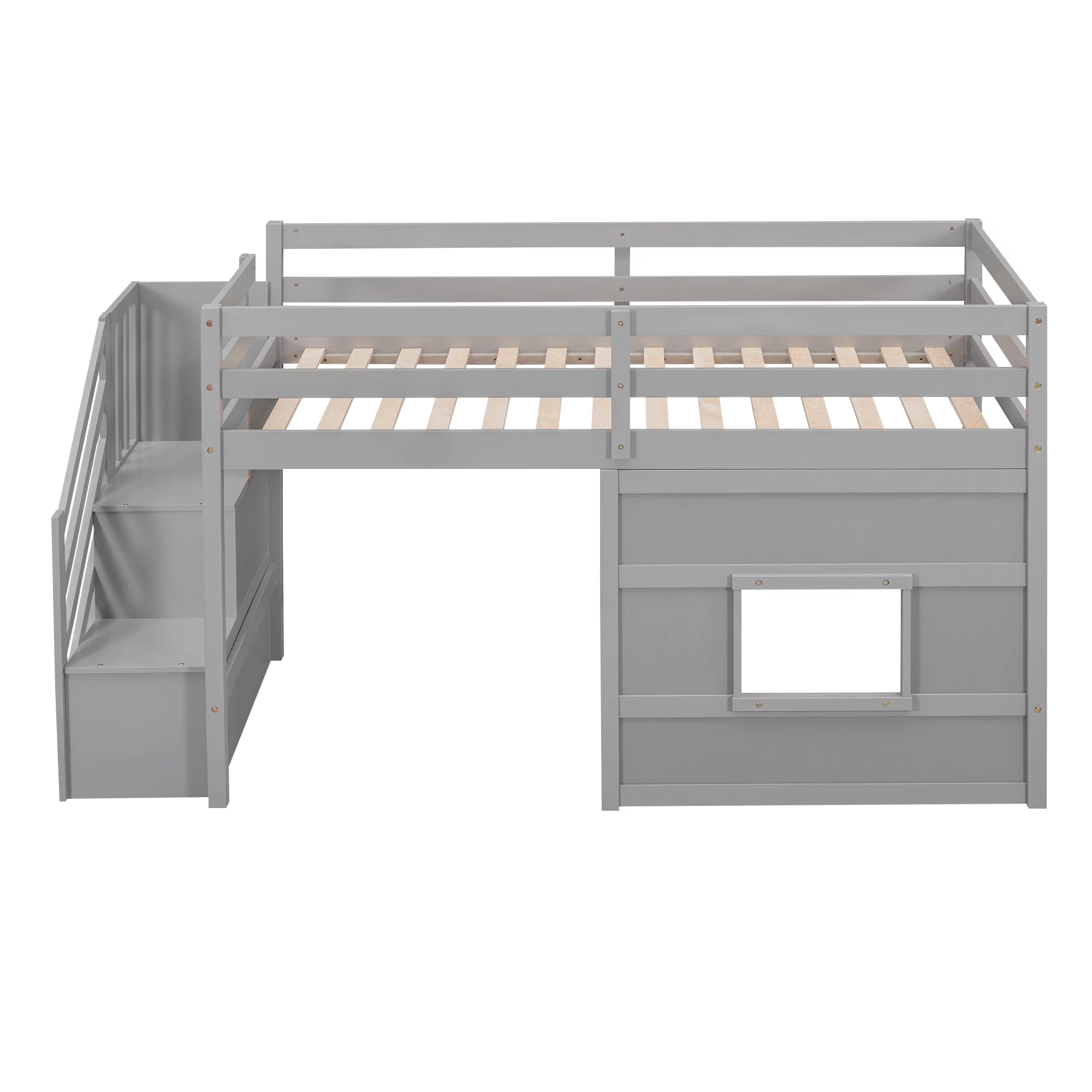 Bellemave Twin over Twin Size Loft bed with Underneath House & Strong Storage Staircases ,Solid Wood Twin Loft Bed with Full-Lengths Guardrails for Kids,Gray