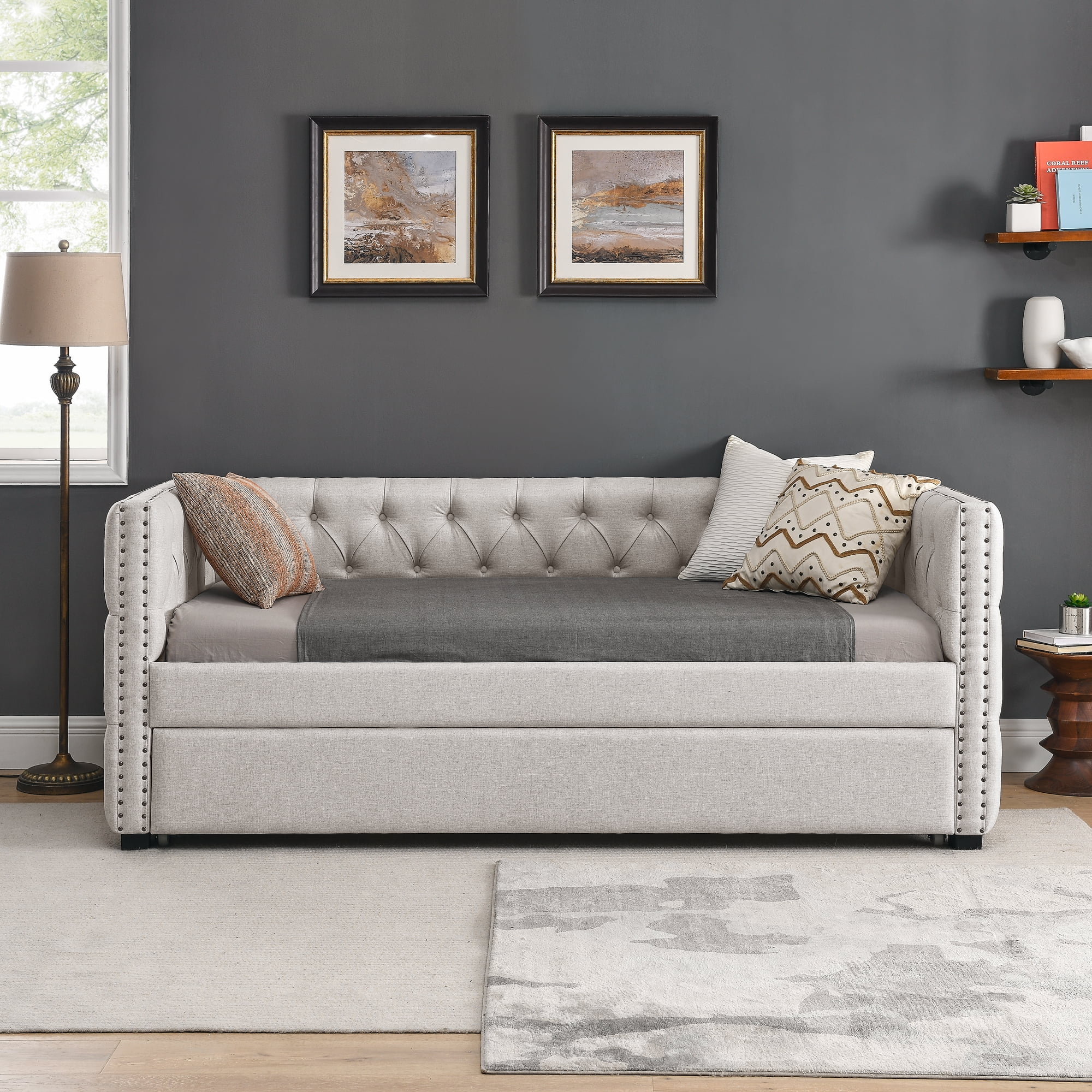 Aukfa Upholstered Daybed with Trundle, Twin Daybed, Button Tufted, Nailhead Trim - Beige