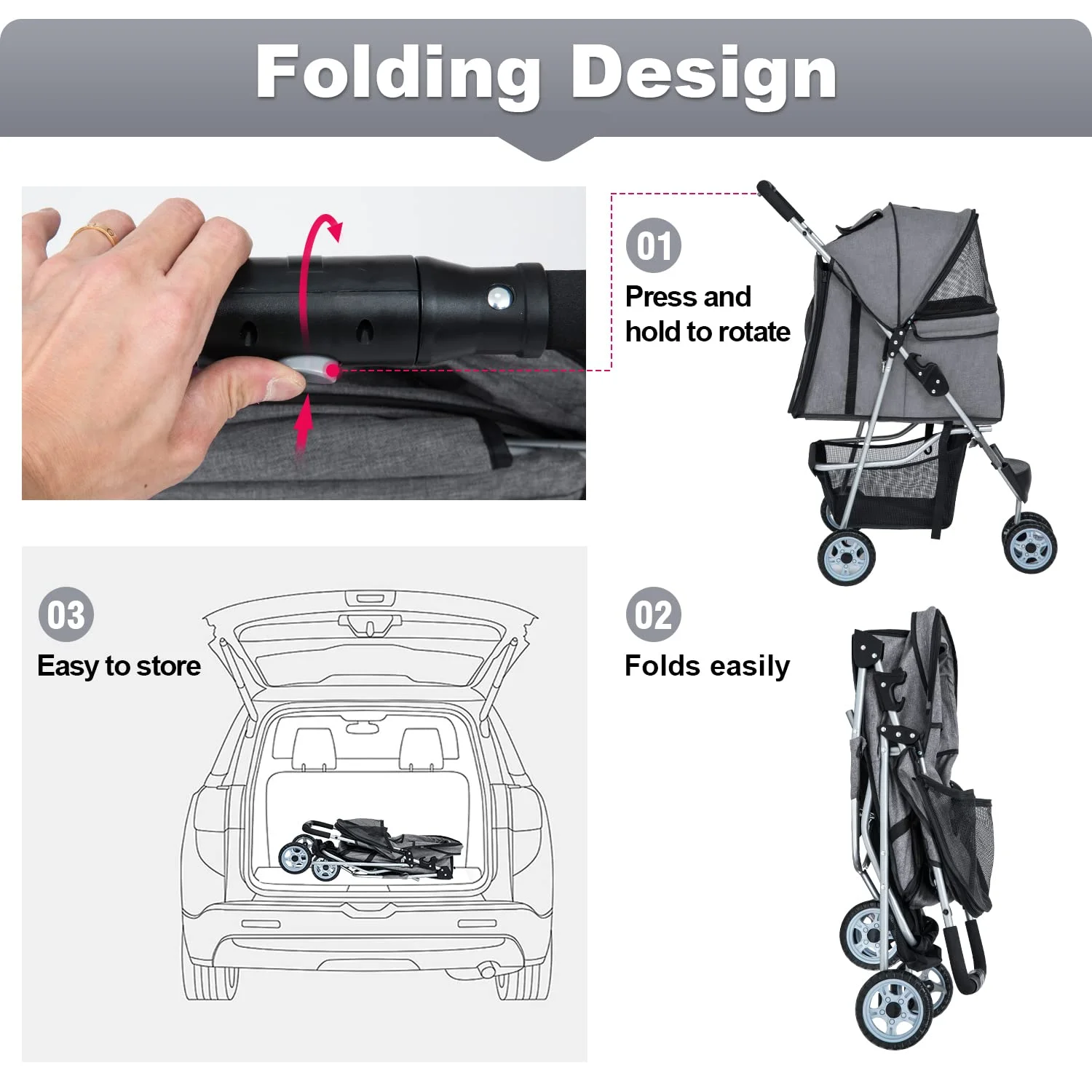 BestPet Pet Stroller Dog Cat Jogger Stroller Folding with Cup Holder (Grey, 3 Wheels)