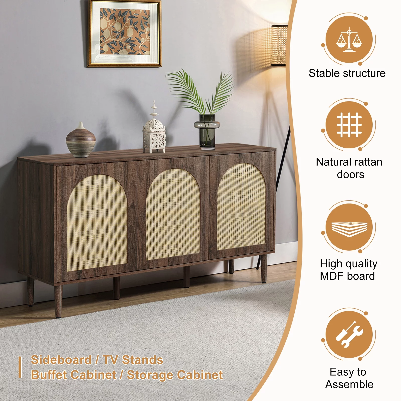 56'' Wood Rattan Arched 3 Doors Sideboard Buffet Cabinet Storage Credenza TV Stand Dining Metal Legs Home Kitchen Living Room Walnut