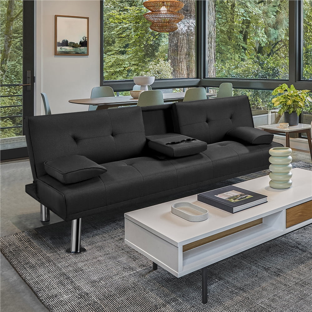 Topeakmart Convertible Futon Sofa Bed Tufted Fabric Futon Couch Bed with 2 Cup Holders, Black