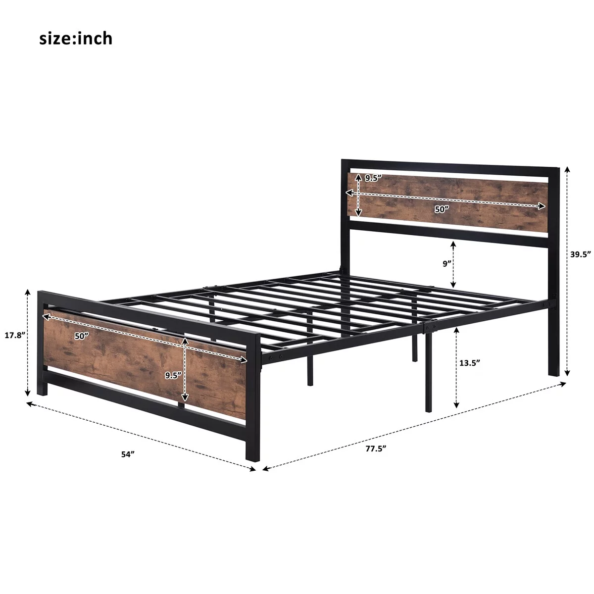 SENTERN Metal and Wood Bed Frame with Headboard and Footboard ,Full Size Platform Bed