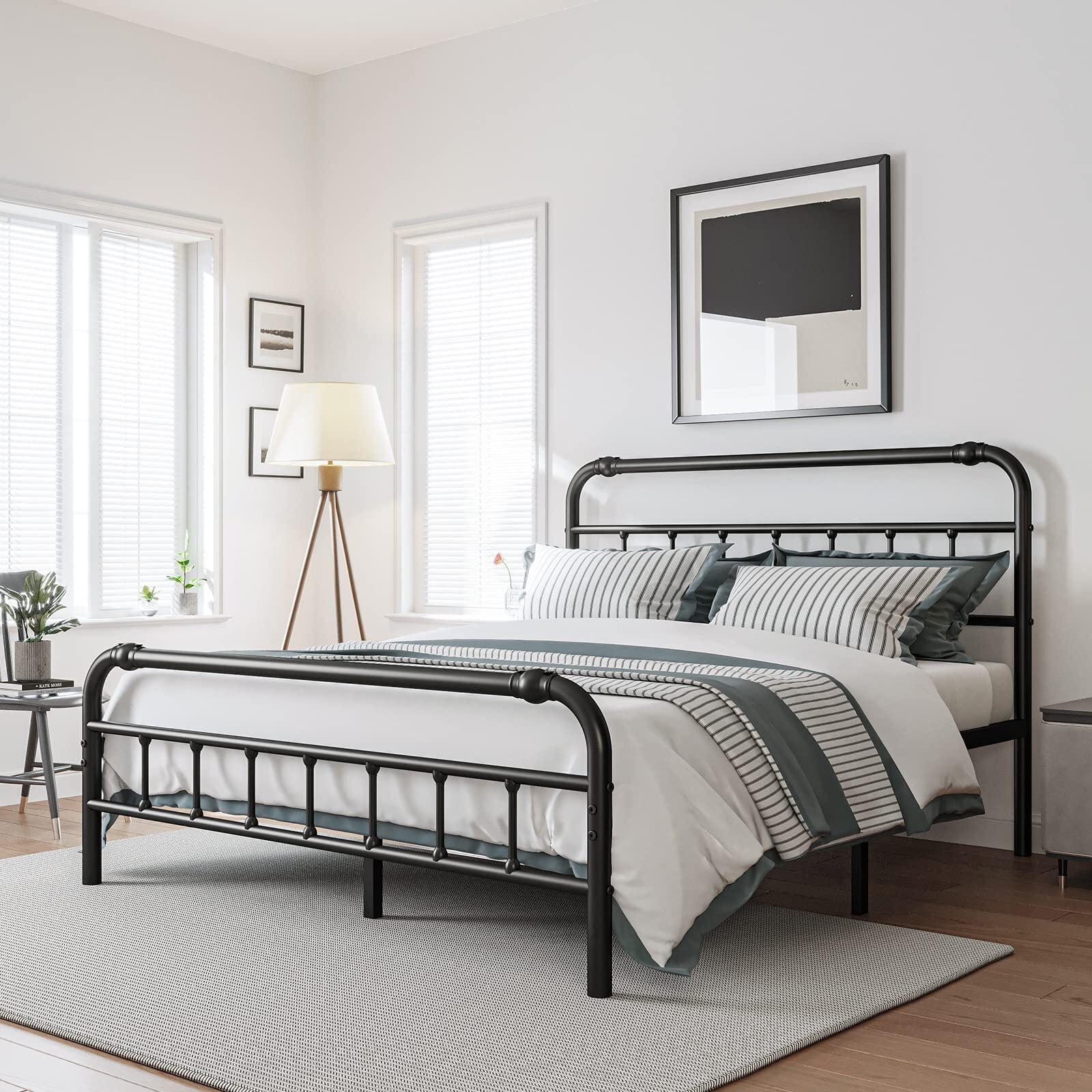 QFTIME Queen Bed Frame with Headboard, Heavy-Duty Metal Platform Bed Frame with 18