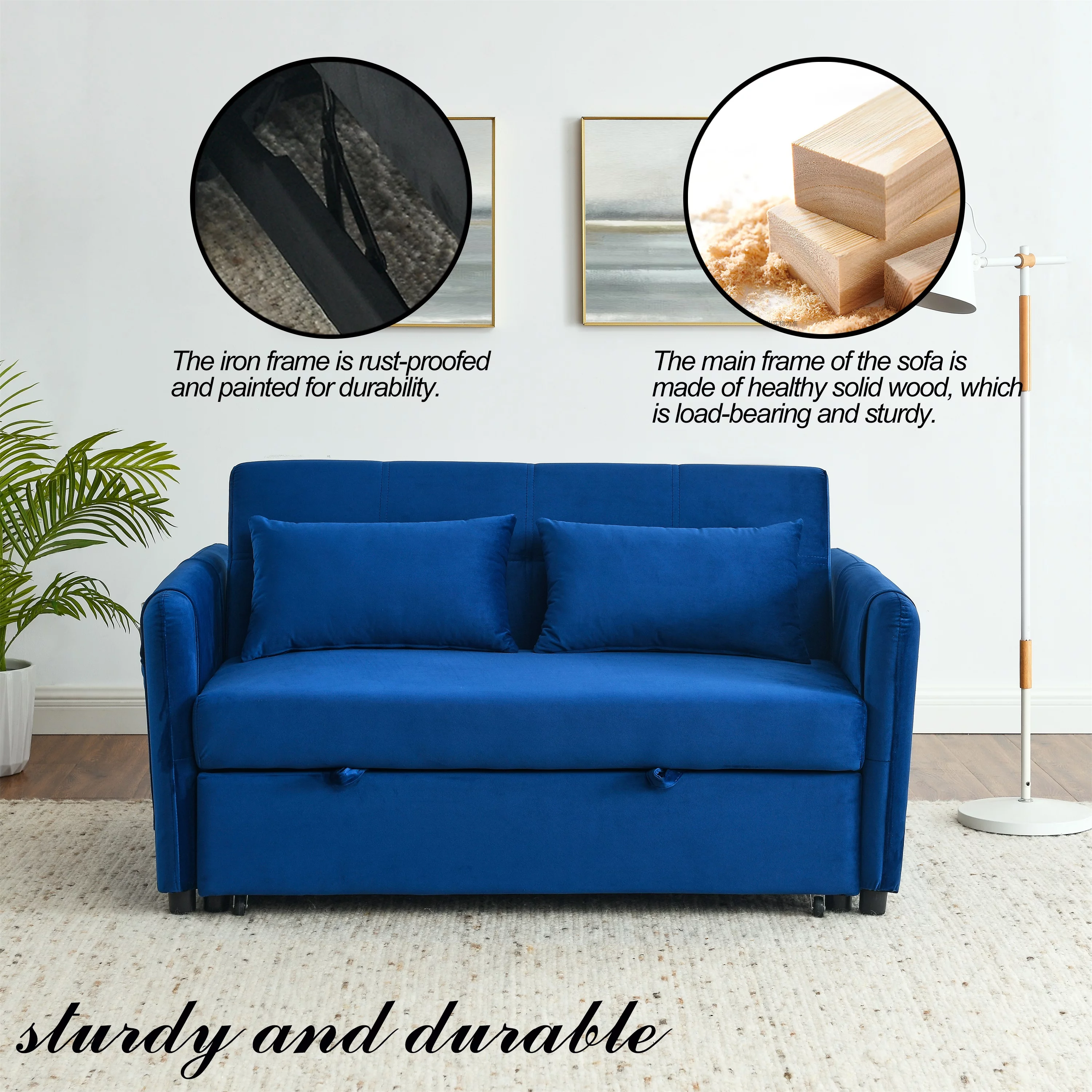Modern Velvet Pull Out Convertible Sleeper Sofa Bed, Folding Loveseat Futon Couch with Adjustable Backrest Lumbar Pillows for Living Room Bedroom Office