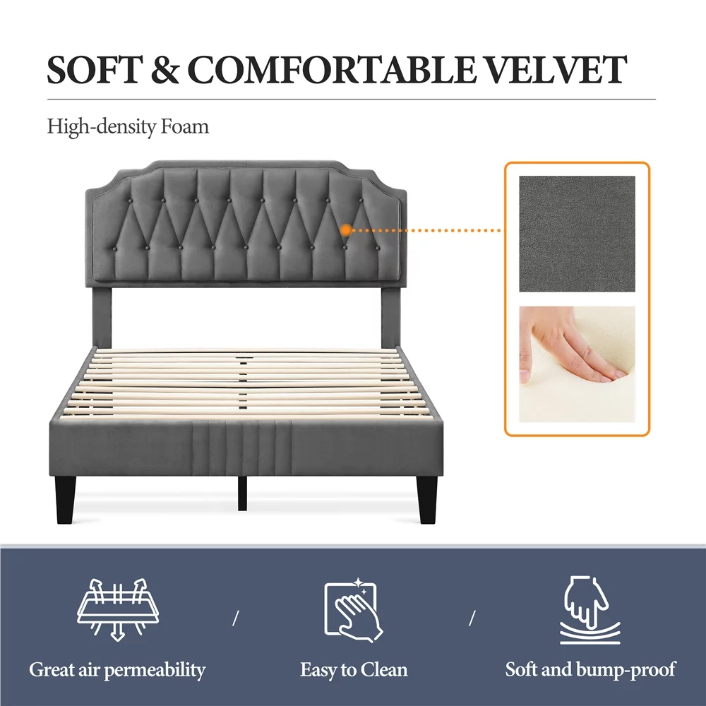 Easyfashion Upholstered Full Bed with Adjustable Headboard for Adult, Dark Gray