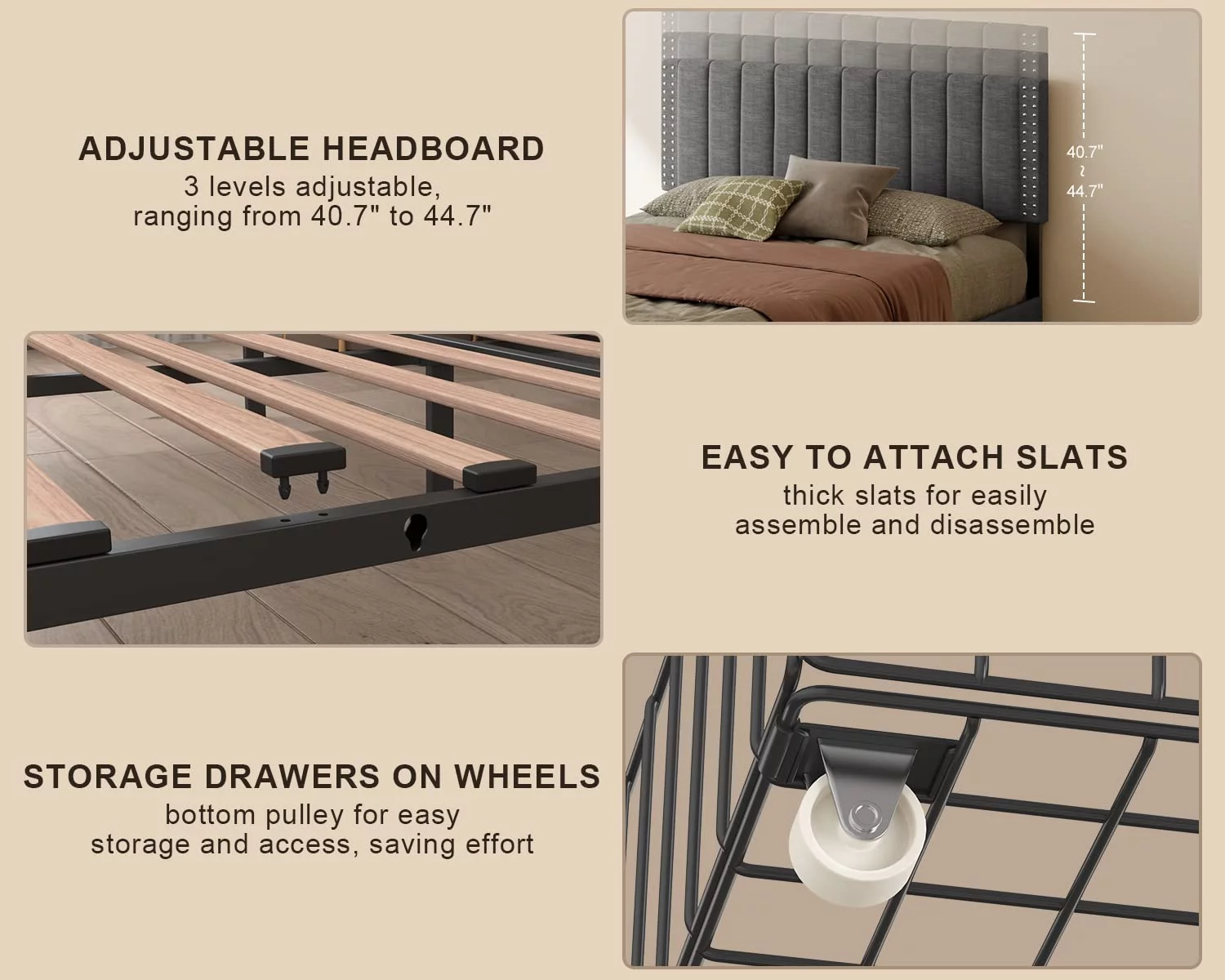 Lofka Full Bed Frame with 4 Drawers(Wheeled) and Adjustable Headboard Platform Bed Dark Grey