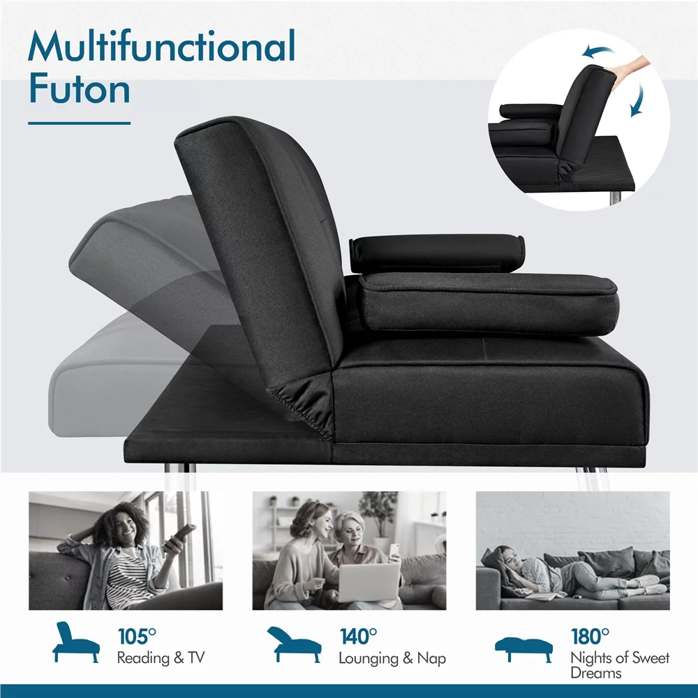 Topeakmart Convertible Futon Sofa Bed Tufted Fabric Futon Couch Bed with 2 Cup Holders, Black