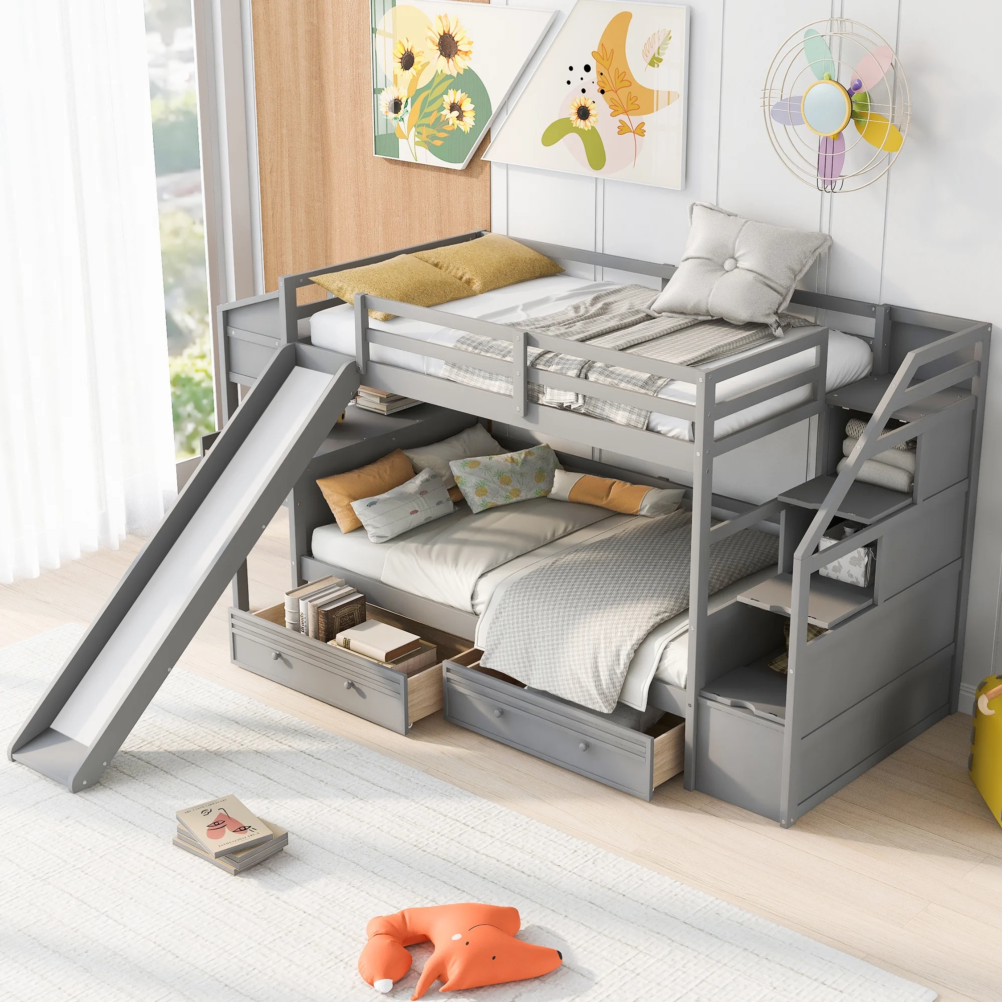 Euroco Wood Twin over Twin Bunk Bed with Desk and Slide, 4 Drawers and Shelf, Bookcase and Storage Staircase for Kids, Gray