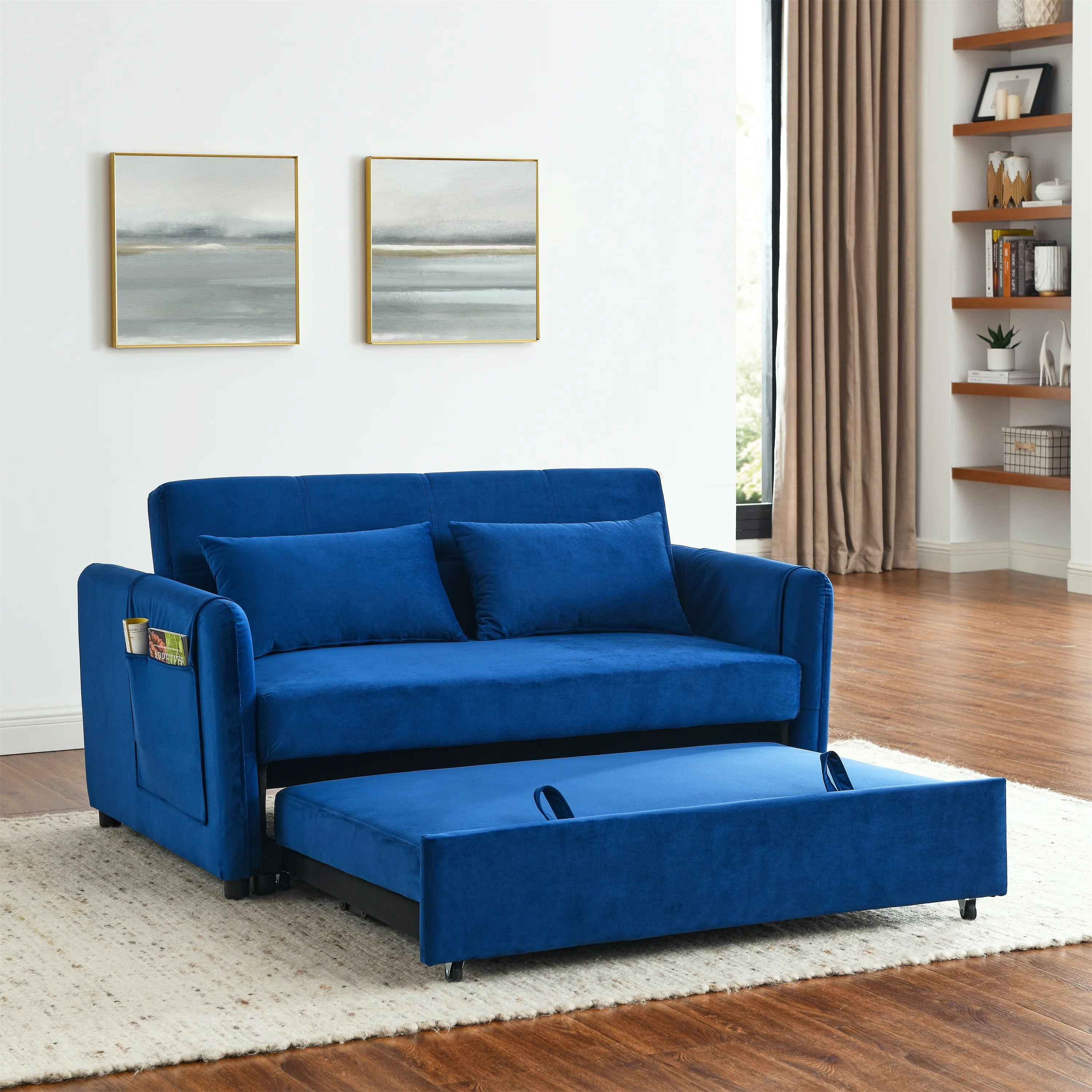 Modern Velvet Pull Out Convertible Sleeper Sofa Bed, Folding Loveseat Futon Couch with Adjustable Backrest Lumbar Pillows for Living Room Bedroom Office