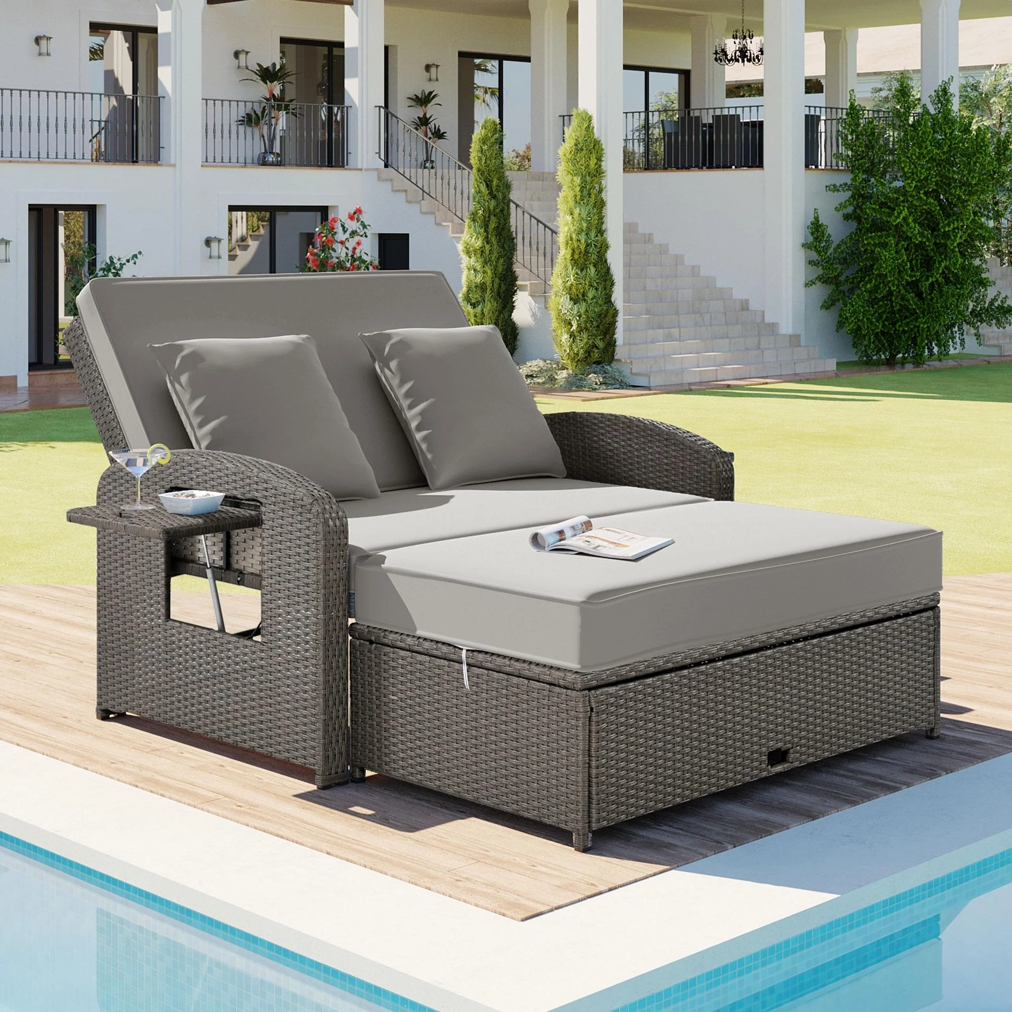 Rattan Double Chaise Lounge, 2-Person Reclining Outdoor Daybed with Adjustable Back, Cushions and Furniture Cover, Wicker Furniture,Patio Seating Set for Backyard Poolside Deck, Gray
