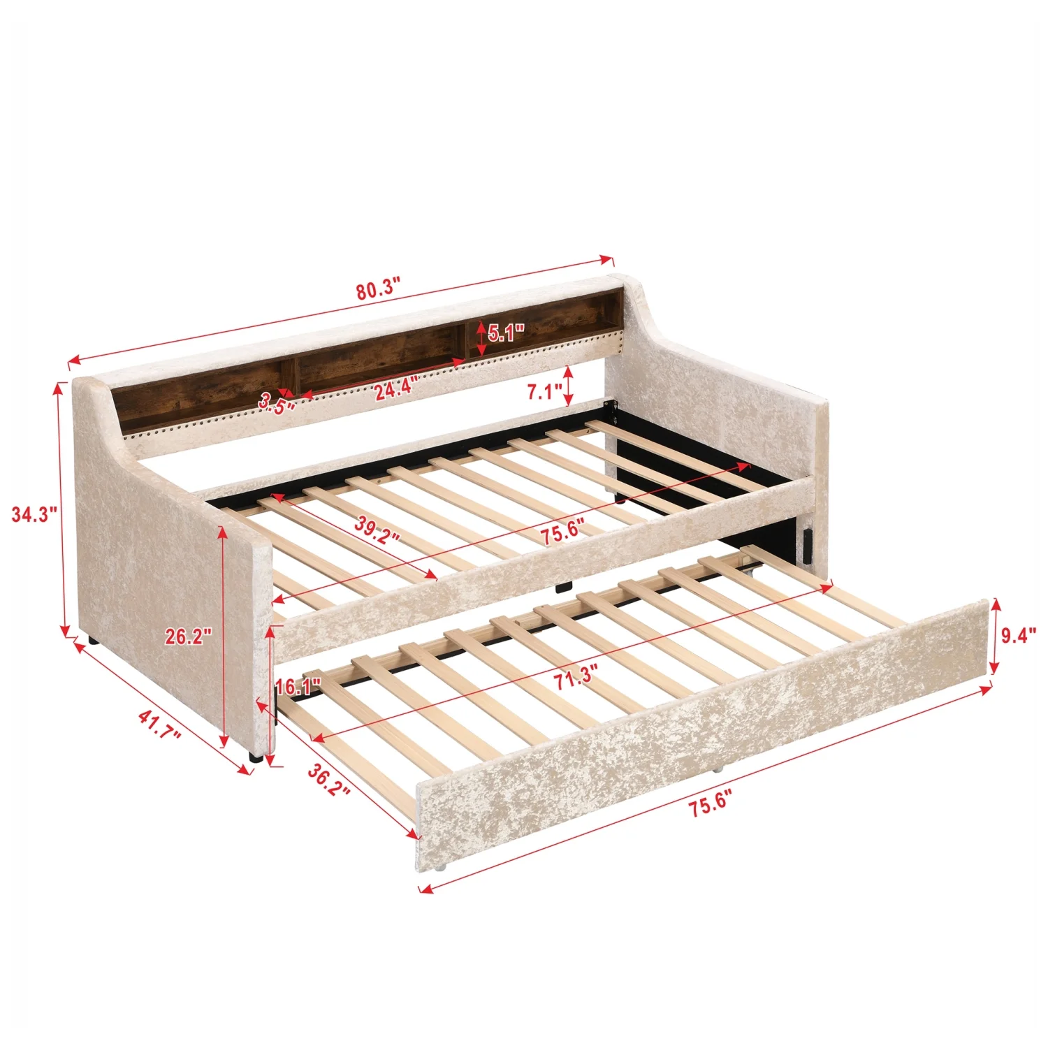 Churanty Twin Size Upholstered Daybed with Trundle and Built-in Storage Shelves, Snowflake Velvet Sofa Bed Wood Day Bed Frame for Bedroom Living Room Guest Room, Beige