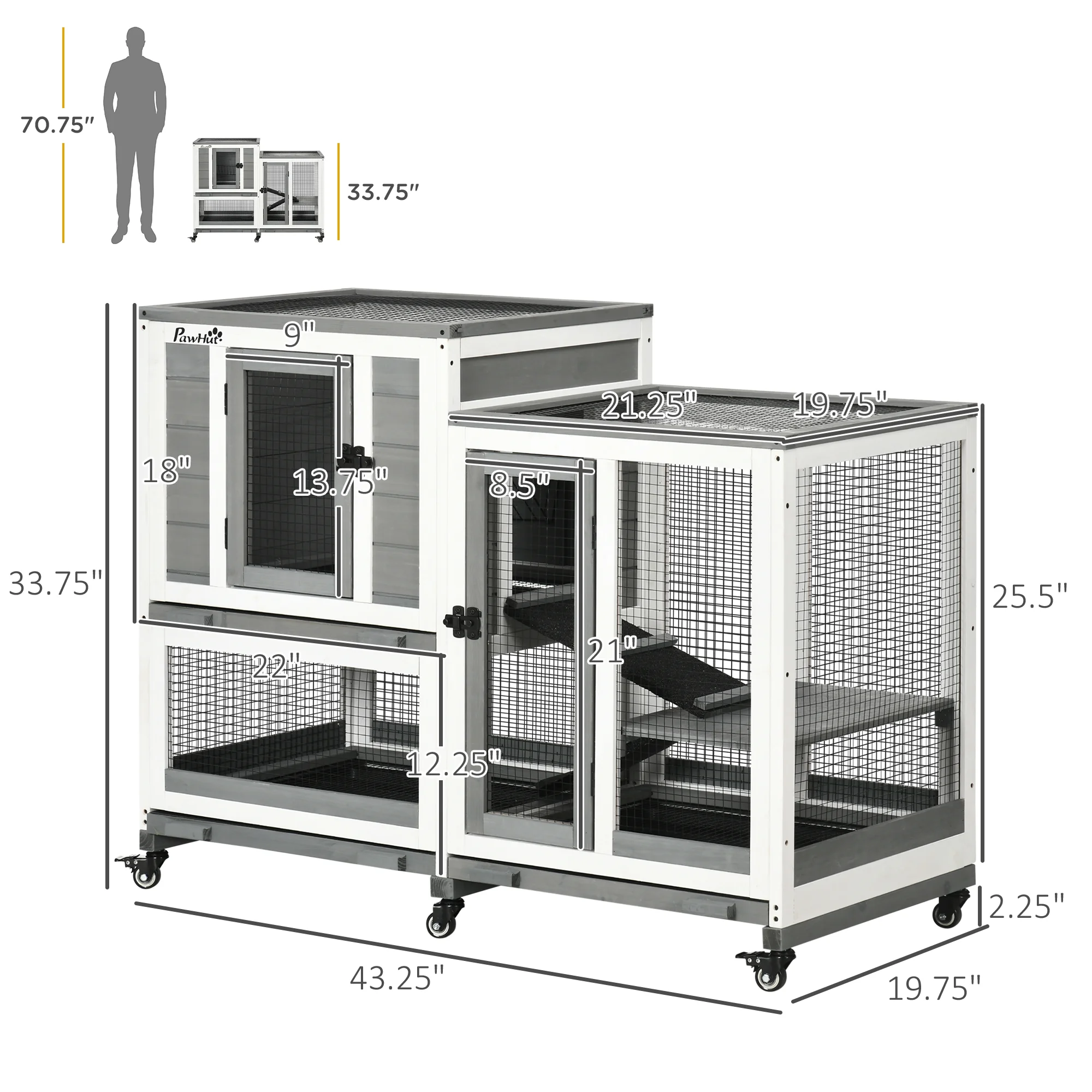 PawHut Three Story Wooden Rabbit Cage Bunny Hutch, Gray