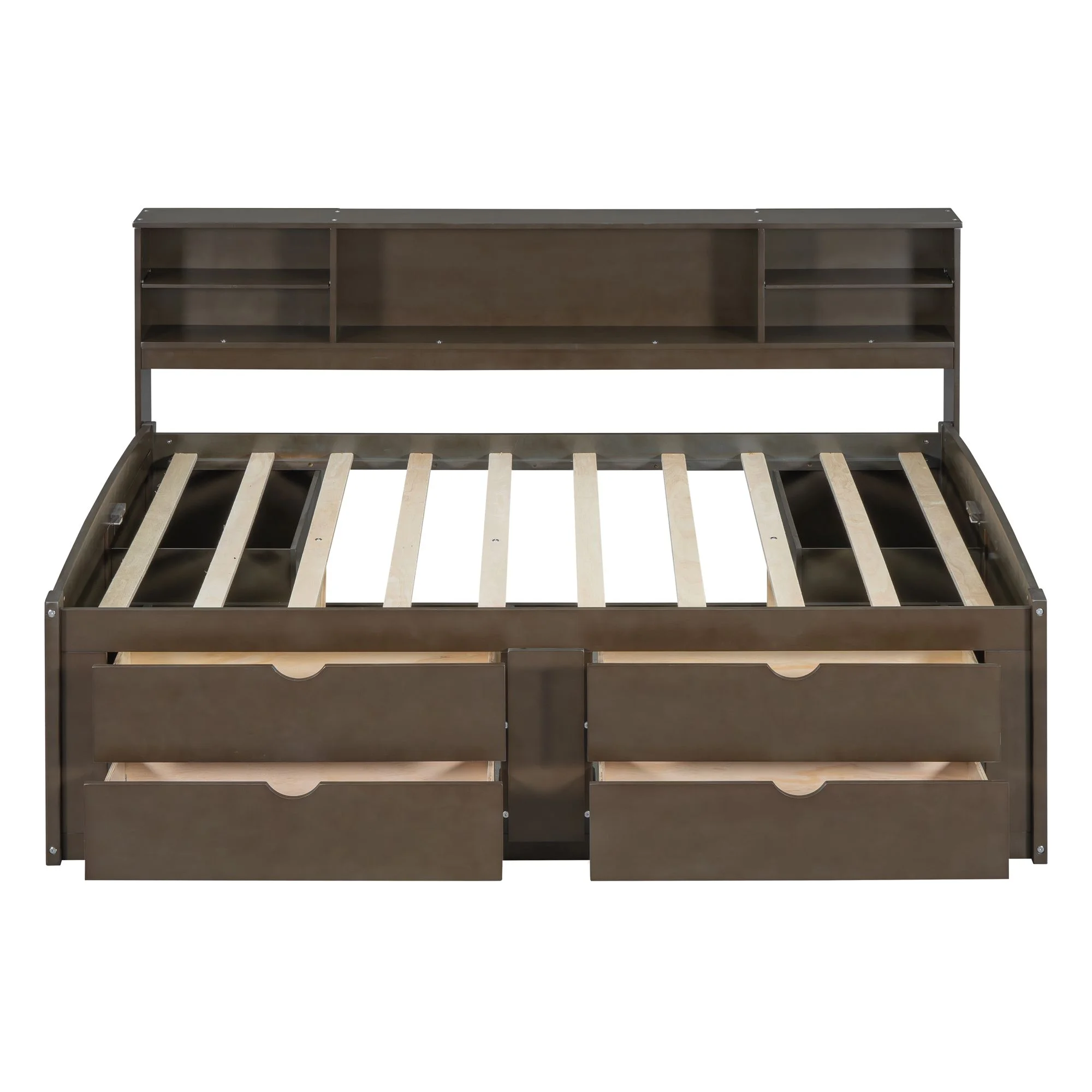 Full Size Solid Wood Bed Frame with 2 Bedside Cabinets, Upper Shelves and 4 Drawers, Platform Bed Frame, Mid Century Bedframe, Wood Daybed, Wood Foundation(Brown, Full)