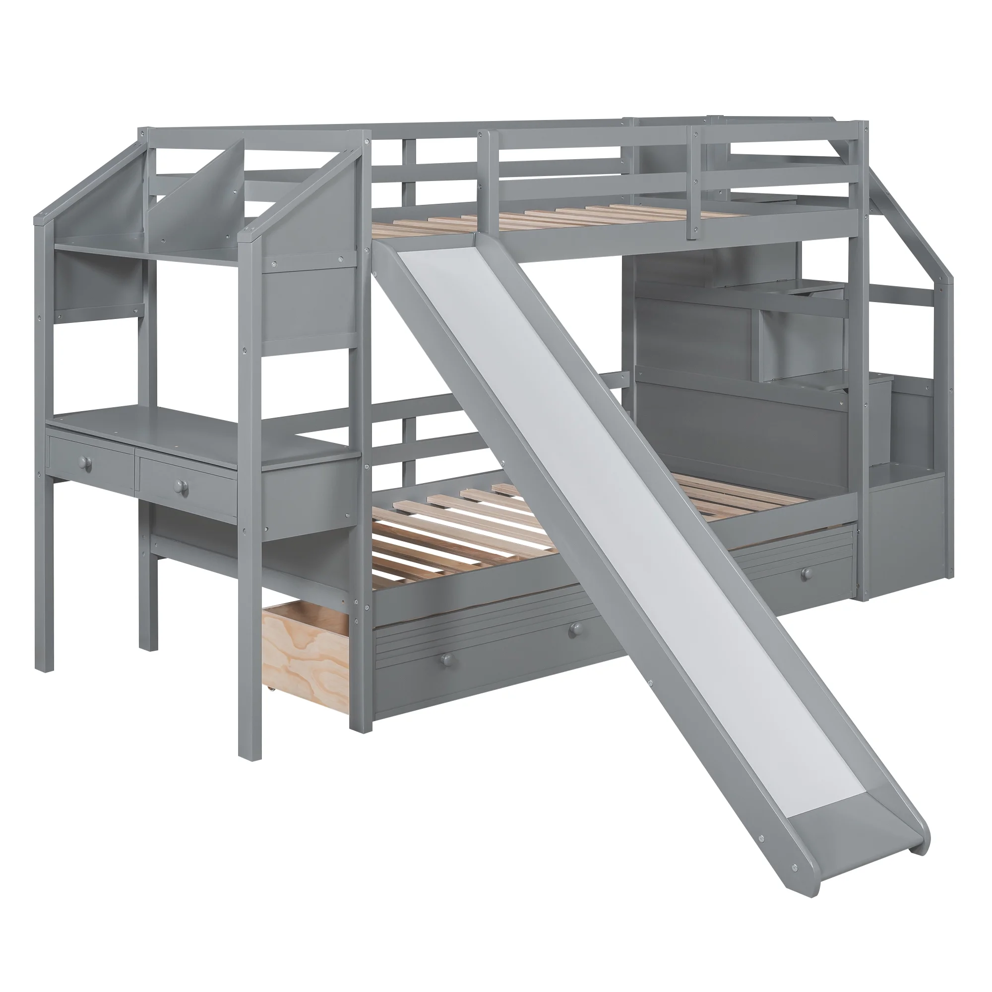 Euroco Wood Twin over Twin Bunk Bed with Desk and Slide, 4 Drawers and Shelf, Bookcase and Storage Staircase for Kids, Gray