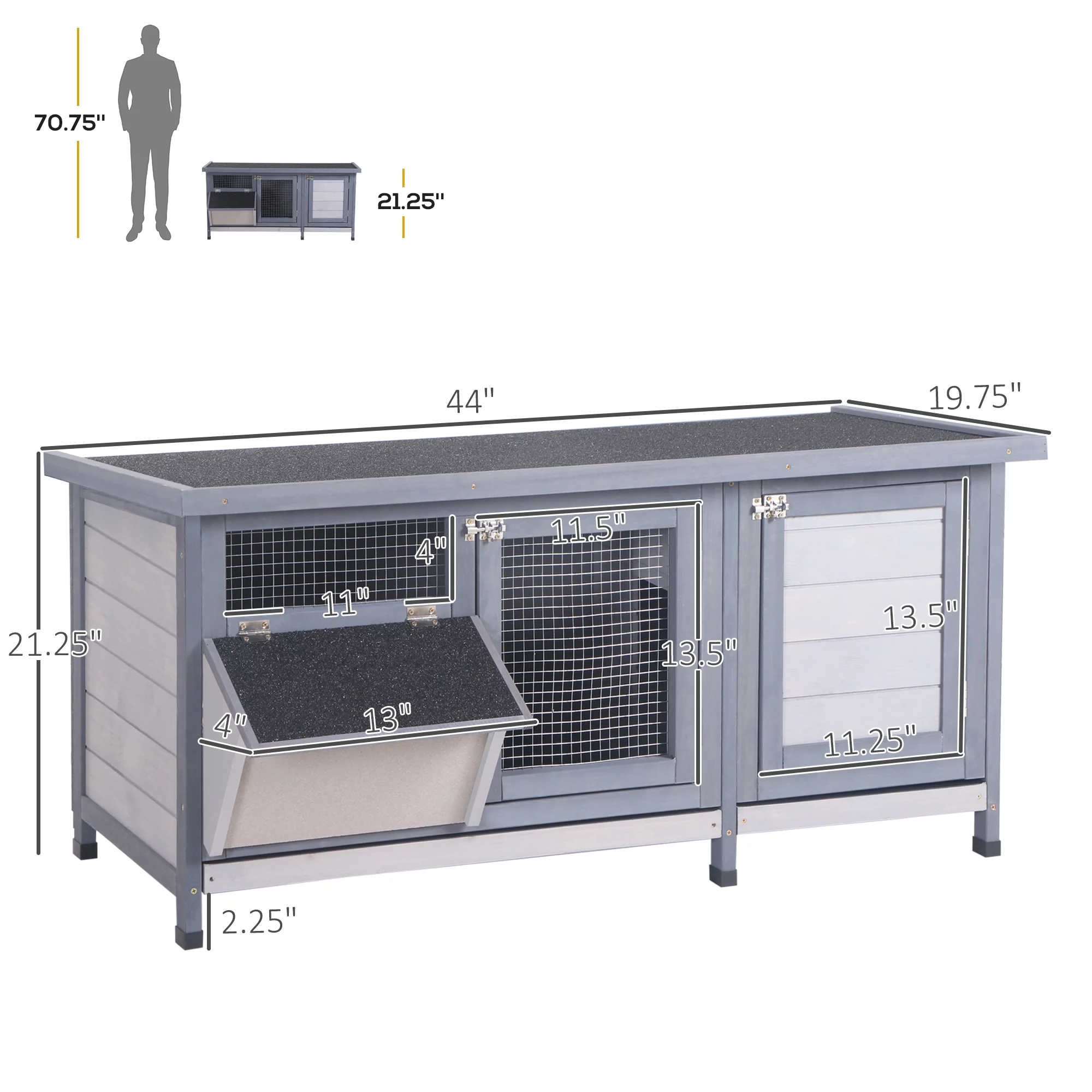 PawHut Wooden Rabbit Hutch Bunny Hutch Cage Guinea Pig with Waterproof Roof, No Leak Tray and Feeding Trough, Indoor/Outdoor, Gray