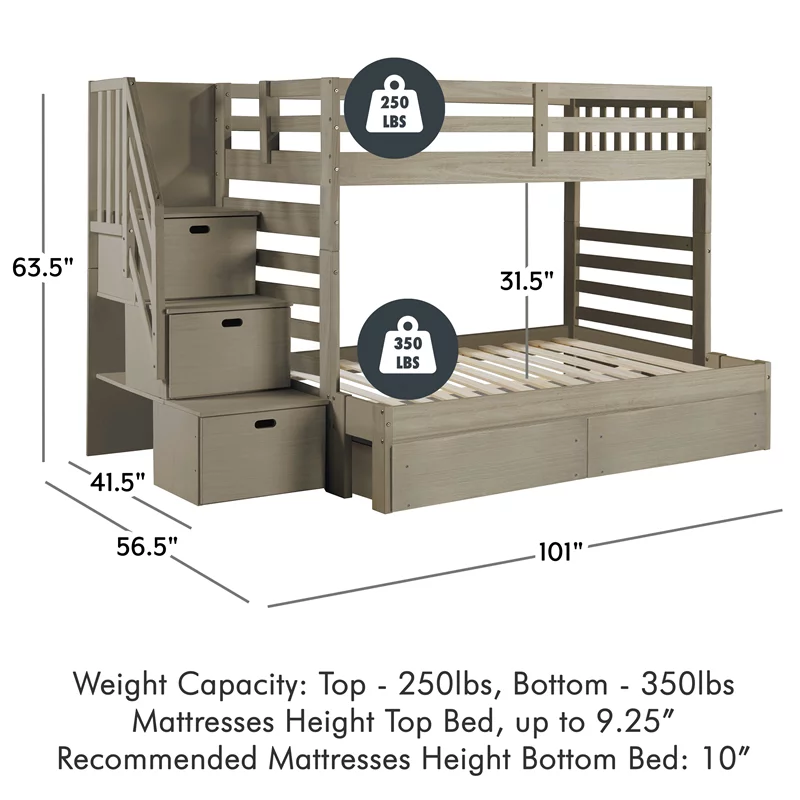 My Bed Now Everest 2-Drawer Twin-over-Full Wood Bunk Bed with Staircase in Brown