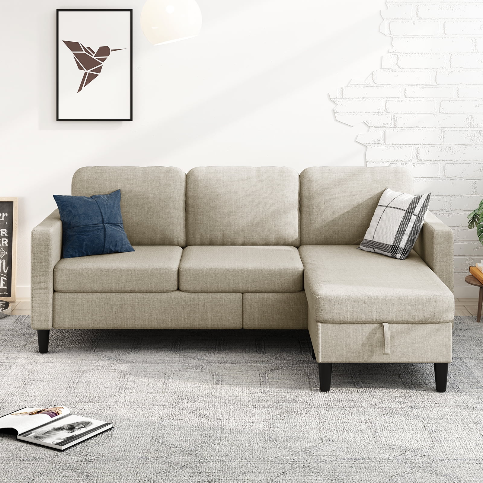 MUZZ Sectional Sofa with Movable Ottoman, Free Combination Sectional Couch, Small L Shaped Sectional Sofa with Storage Ottoman,Linen Fabric Wood Frame Sofa Set for Living Room (Beige)
