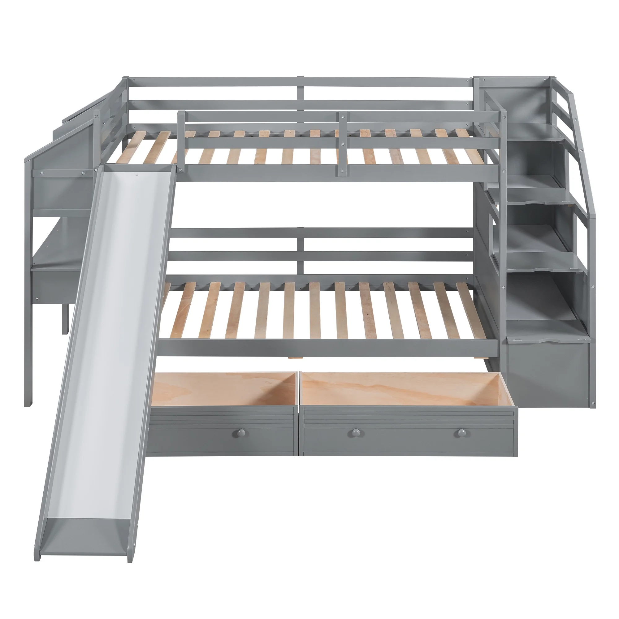 Euroco Wood Twin over Twin Bunk Bed with Desk and Slide, 4 Drawers and Shelf, Bookcase and Storage Staircase for Kids, Gray