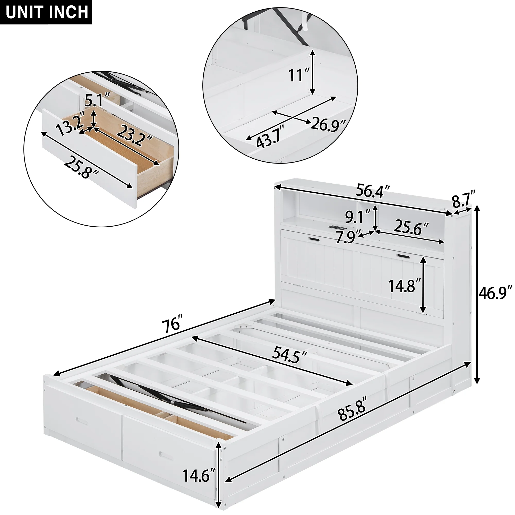 Churanty Full Size Platform Bed with Storage Shelves Headboard, Hydraulic Cabinets and 2 Drawers Underneath, Wood Lift Up Bed Frame with LED Light and Charging Station, Gray