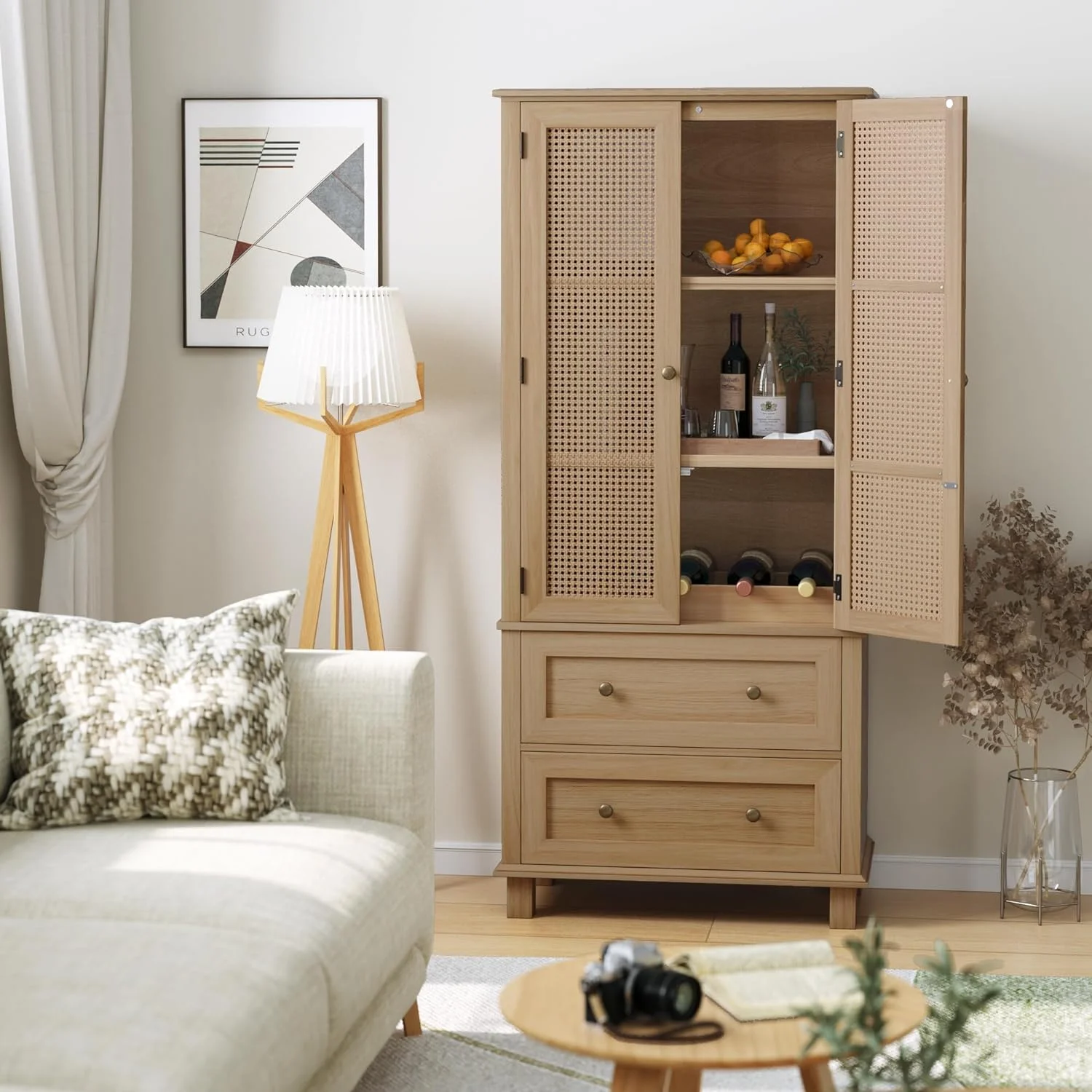 ONKER Kitchen Pantry Storage Cabinet, Tall Cabinet with Rattan Doors and 2 Drawers, Freestanding Cupboard with Adjustable Shelves, Utility Pantry for Kitchen, Dining Room,White