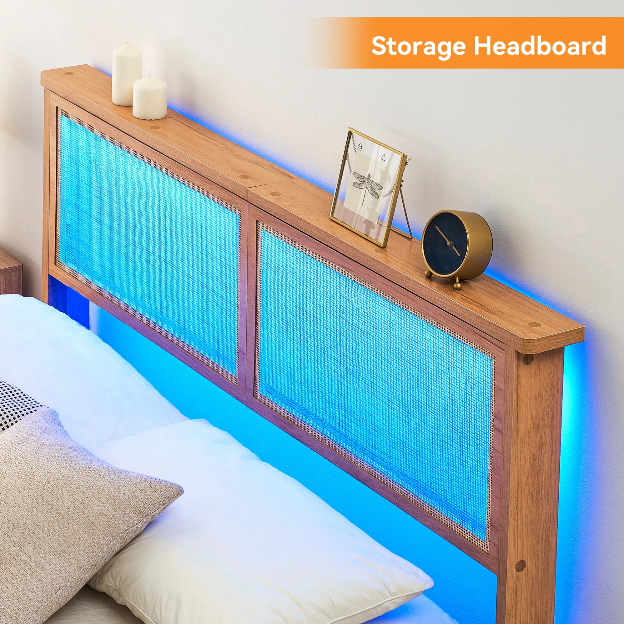 IDEALHOUSE 12.4 Inch Solid Wood Full Bed Frame with Natural Rattan Headboard, Platform Full Size Bed Frame with LED Lights, Mattress Foundation, Noise-Free, No Box Spring Needed, Easy Assembly