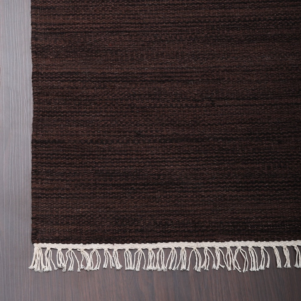 RUGSOTIC CARPETS HAND WOVEN FLAT WEAVE KILIM WOOL ECO-FRIENDLY AREA RUGS - 5'x8', Rectangle, Dark Brown , Plain Solid Design, Low Pile Handmade Area Rugs for Living Room, Bed Room (D00111)