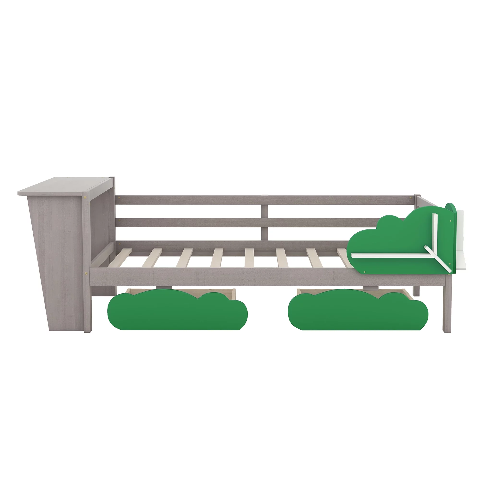 Churanty Twin Size Daybed with Storage Drawers and Desk,Wood Twin Bed Frame with Green Leaf Shape Shelves for Kids Bedroom,Gray