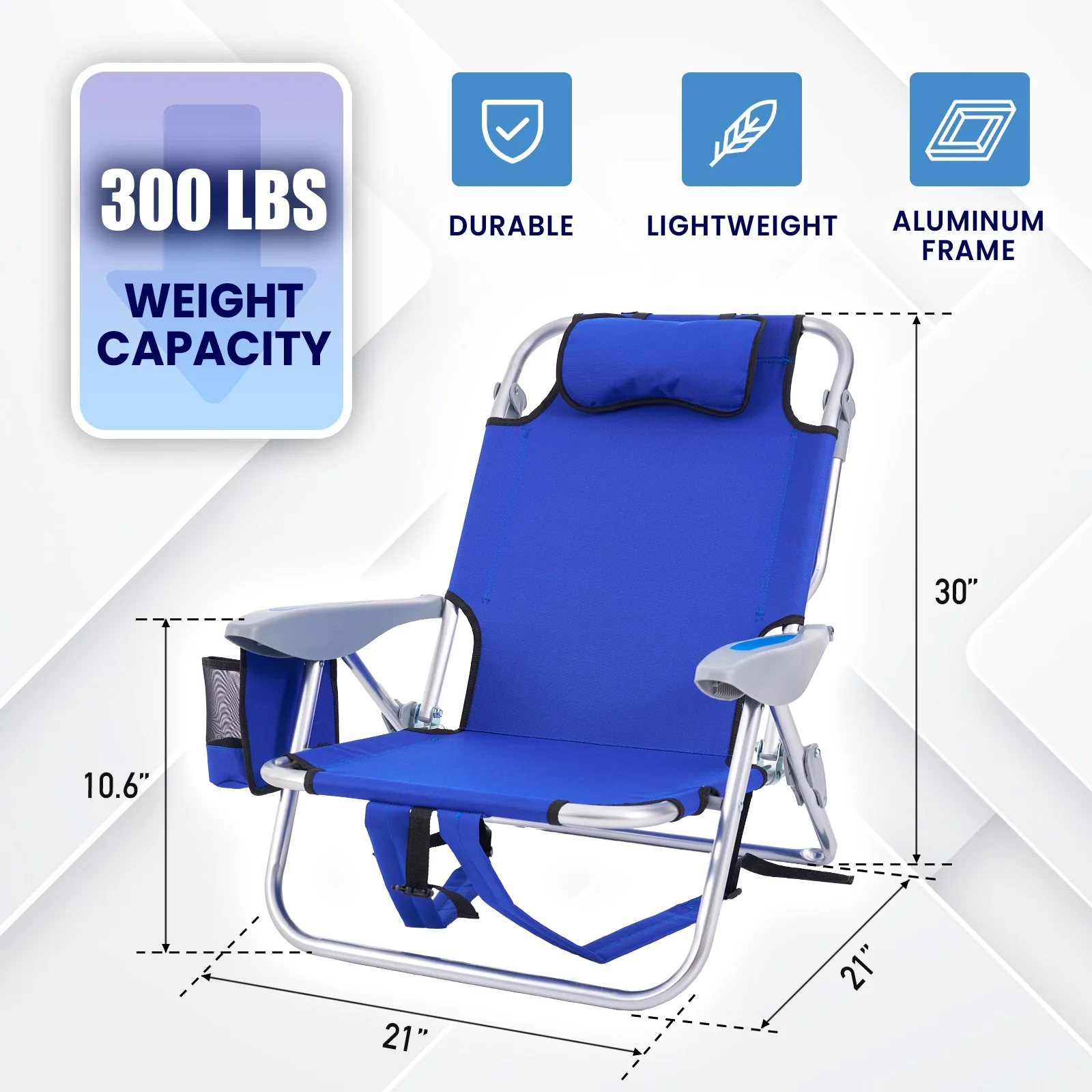 TSCOMON Beach Chair for Adults, 4 Position Portable Backpack Foldable Camping Chair with Headrest, Cup Holder, and Cooler Pouch (Blue,2 Pack)