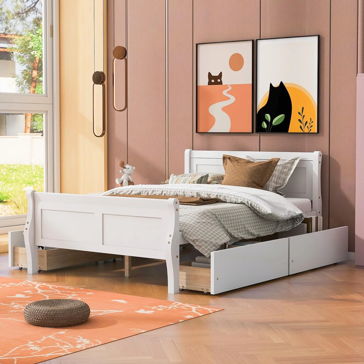 Full Size Platform Bed with 4 Drawers and Streamlined Headboard & Footboard, Solid Wood Bed Frame for Kids Teens Adults