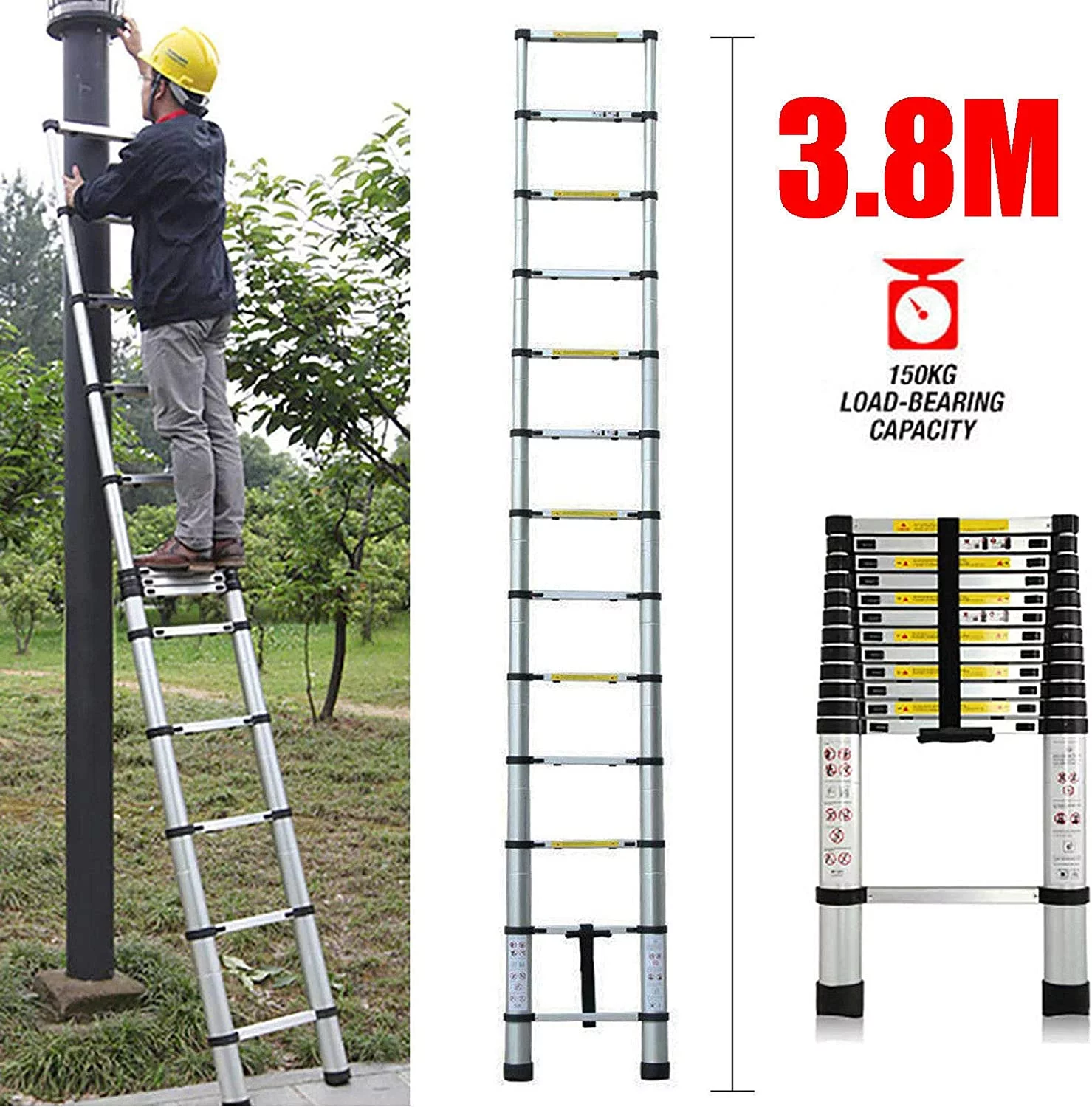12FT Telescoping Ladder Aluminum Extension Folding Ladder Rubber Feet Multi Purpose Loft Ladder Attic Ladder Compact Ladders for Home, Heavy Duty 330lbs Max Load Capacity, Collapsible Ladders - 3.8M