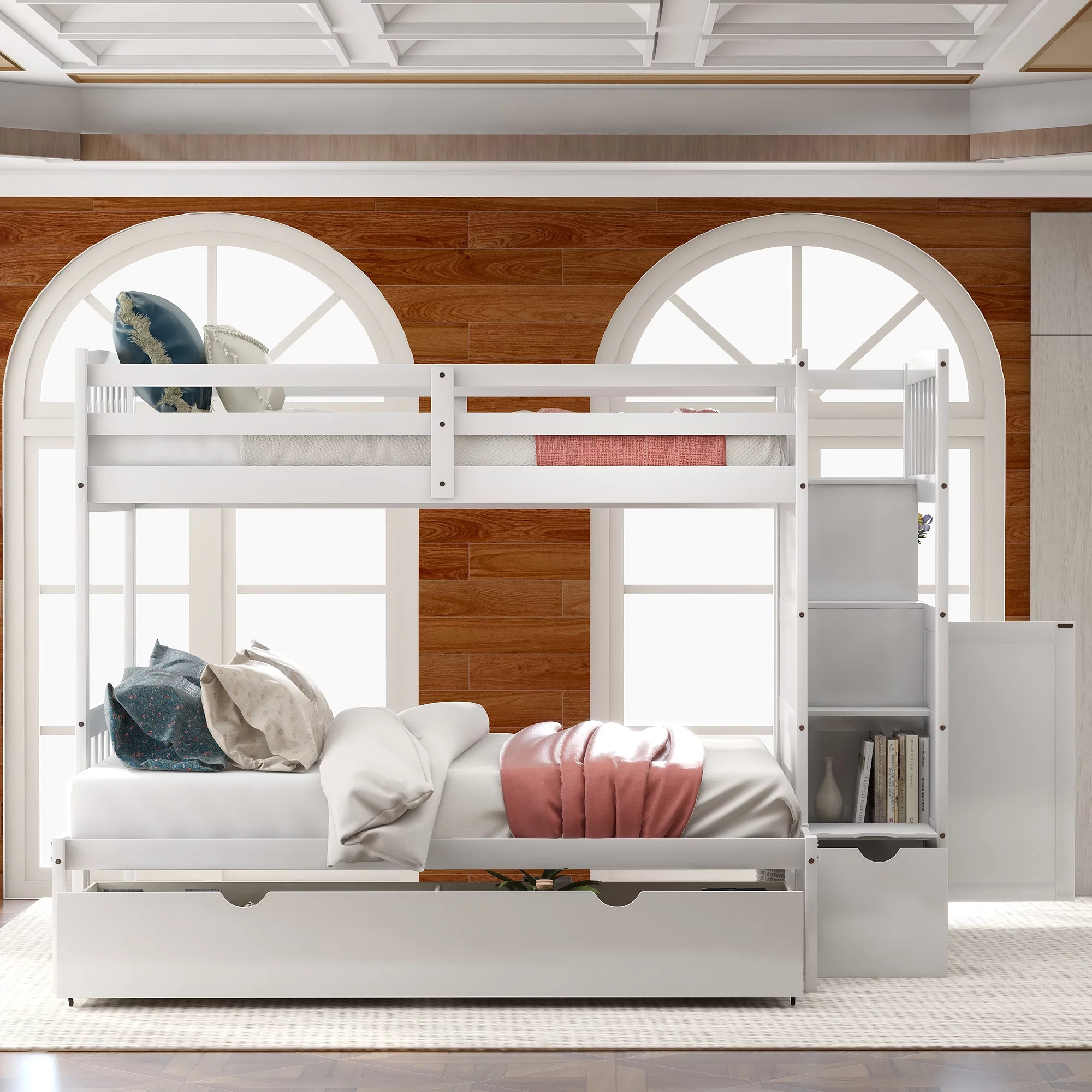 Euroco Twin over Twin Bunk Bed with Drawer and Cabinet for Kids Bedroom, White