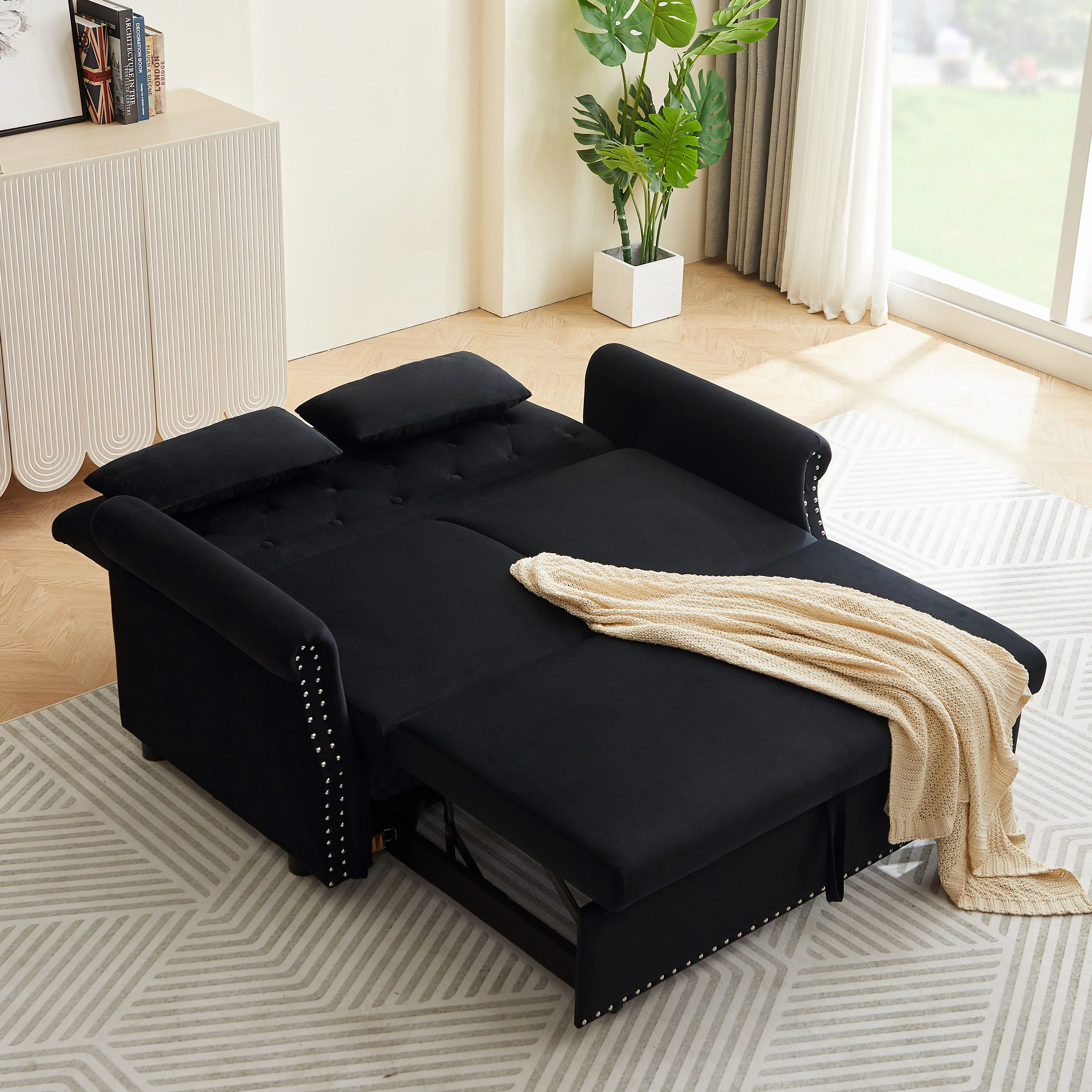Modern Pull Out Convertible Sleeper Sofa Bed, Velvet Folding Futon Couch Loveseat Recliner with Adjsutable Backrest Pillows for Living Room Bedroom Apartment Office