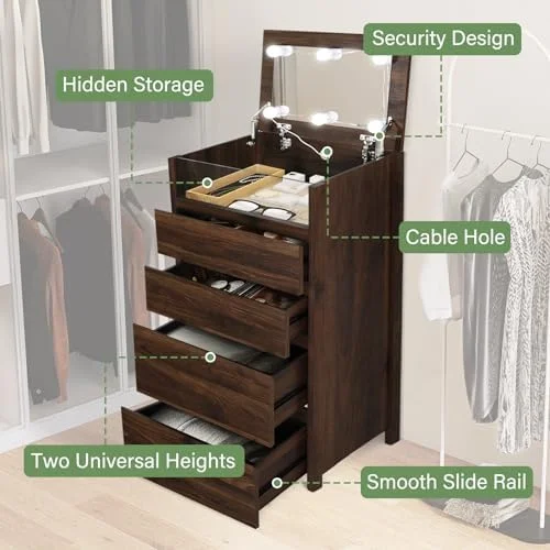 LNboomLife Dresser for Bedroom  4 Drawer Dresser with Mirror and Lights  Modern Tall Chest of Drawers with  Organizer for Small Space  Bedroom  Entryway  Living Room (White)