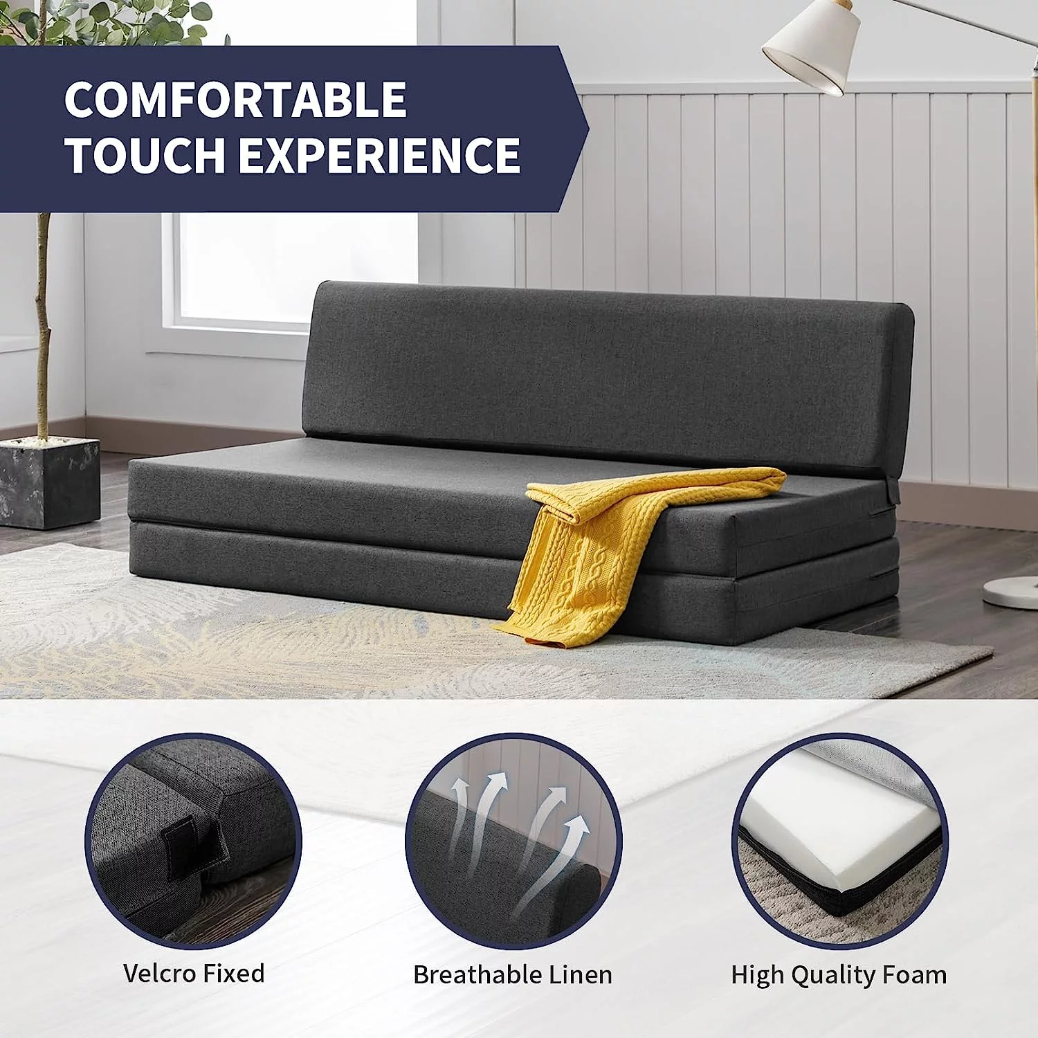 ZAFLY Twin Size Folding Sofa Bed, Futon Couch Bed Foldable, Sleeper Sofa Chair Guest Bed, Folding Foam Mattress, Upholstered Convertible Floor Mattress for Living Room/Apartment(Twin Size, Dark Grey)