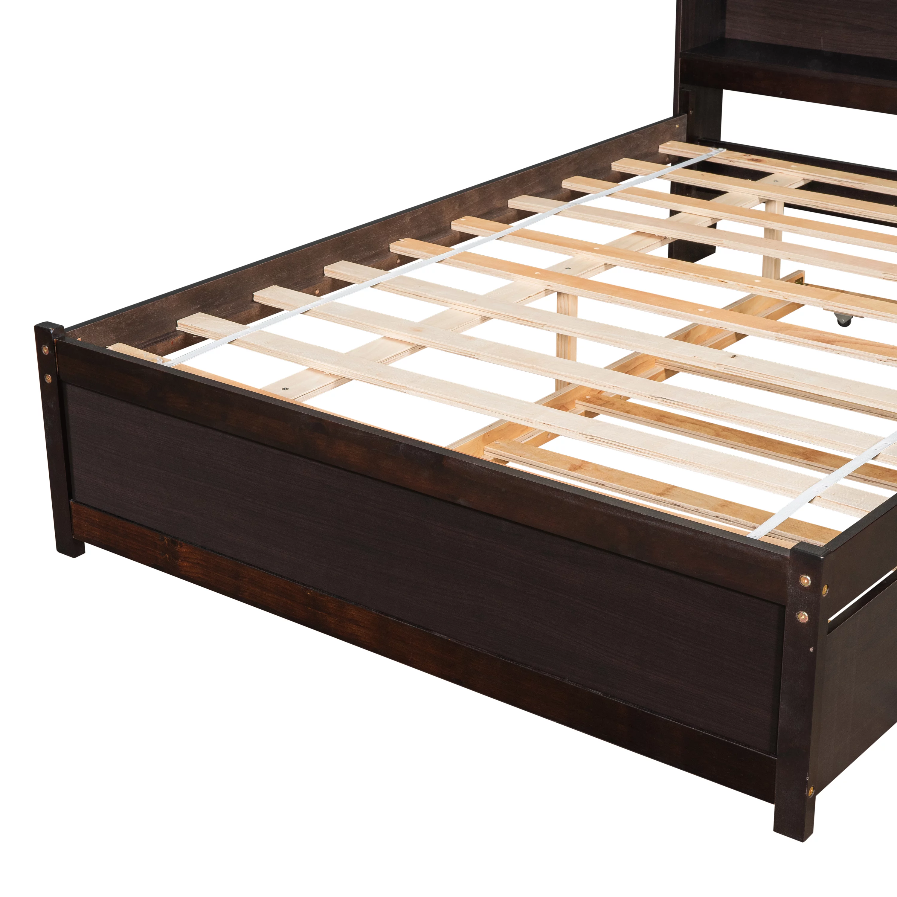 uhomepro Full Bed Frame with Bookcase Headboard and Trundle, Upgrade Pine Wood Platform Bed Frame for Kids, Modern Kids Bed Furniture for Bedroom, No Box Spring Needed, Espresso